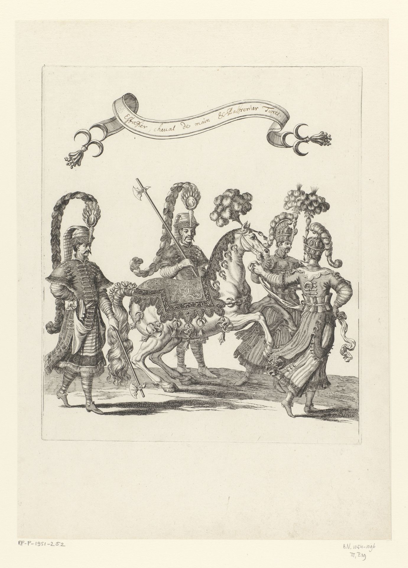Voetknechten en palfrenier met paard in Turks kostuum by François Chauveau