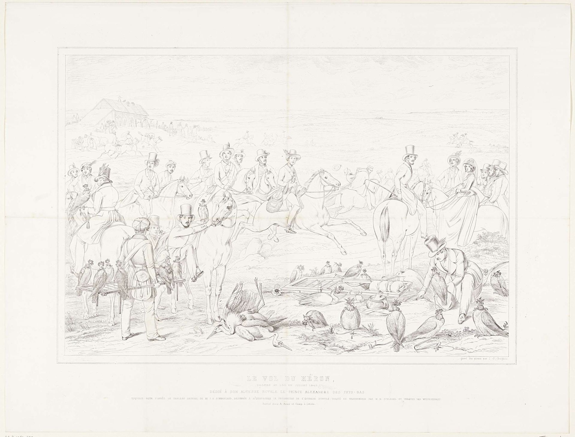 Valkenjacht op reigers, 1843 by Johann Peter Berghaus