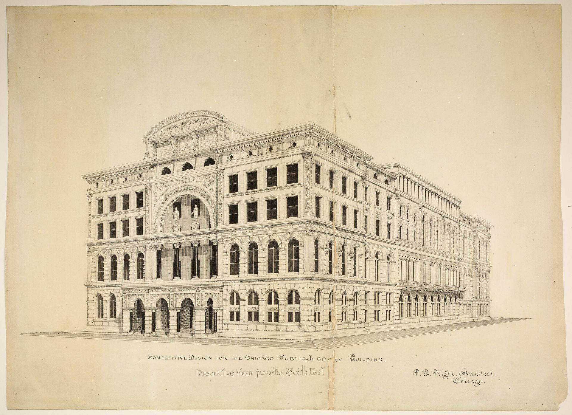 Chicago Public Library Design Competition, Chicago, Illinois, Perspective by Peter Bonnett Wight