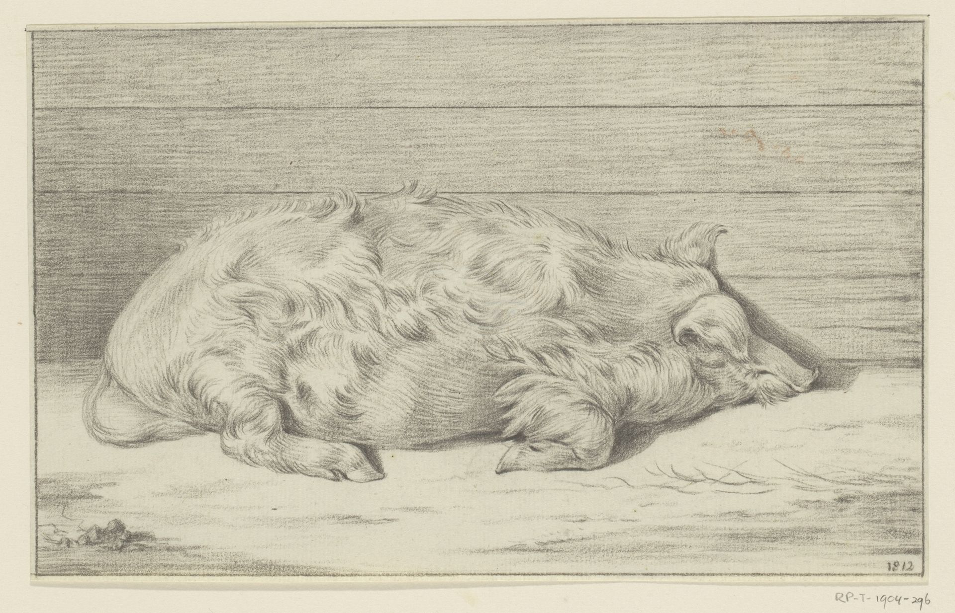 Liggend varken, naar rechts, tegen een beschutting by Jean Bernard