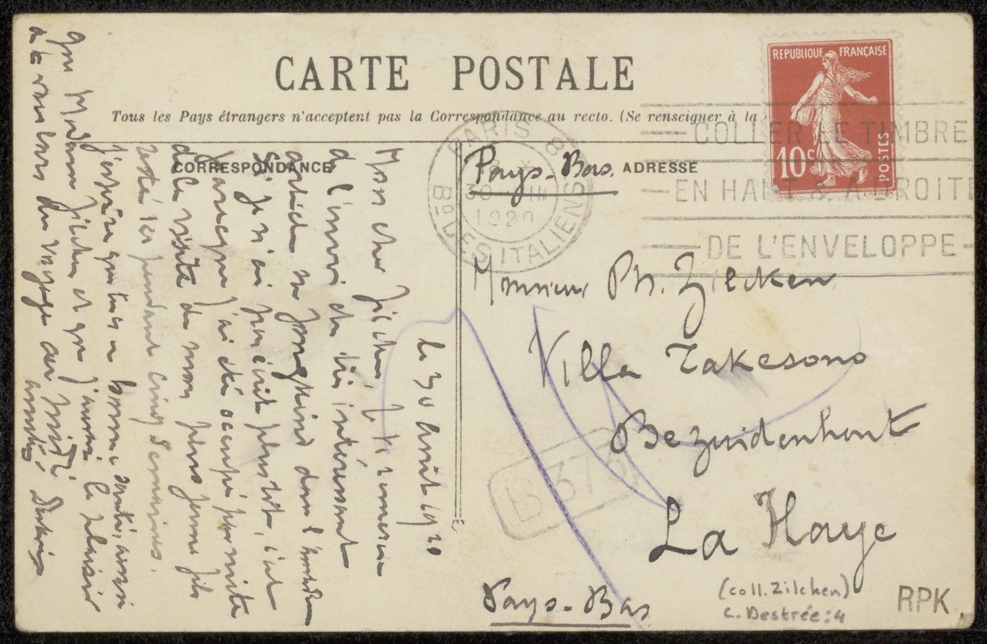 Prentbriefkaart aan Philip Zilcken by Charles Destrée