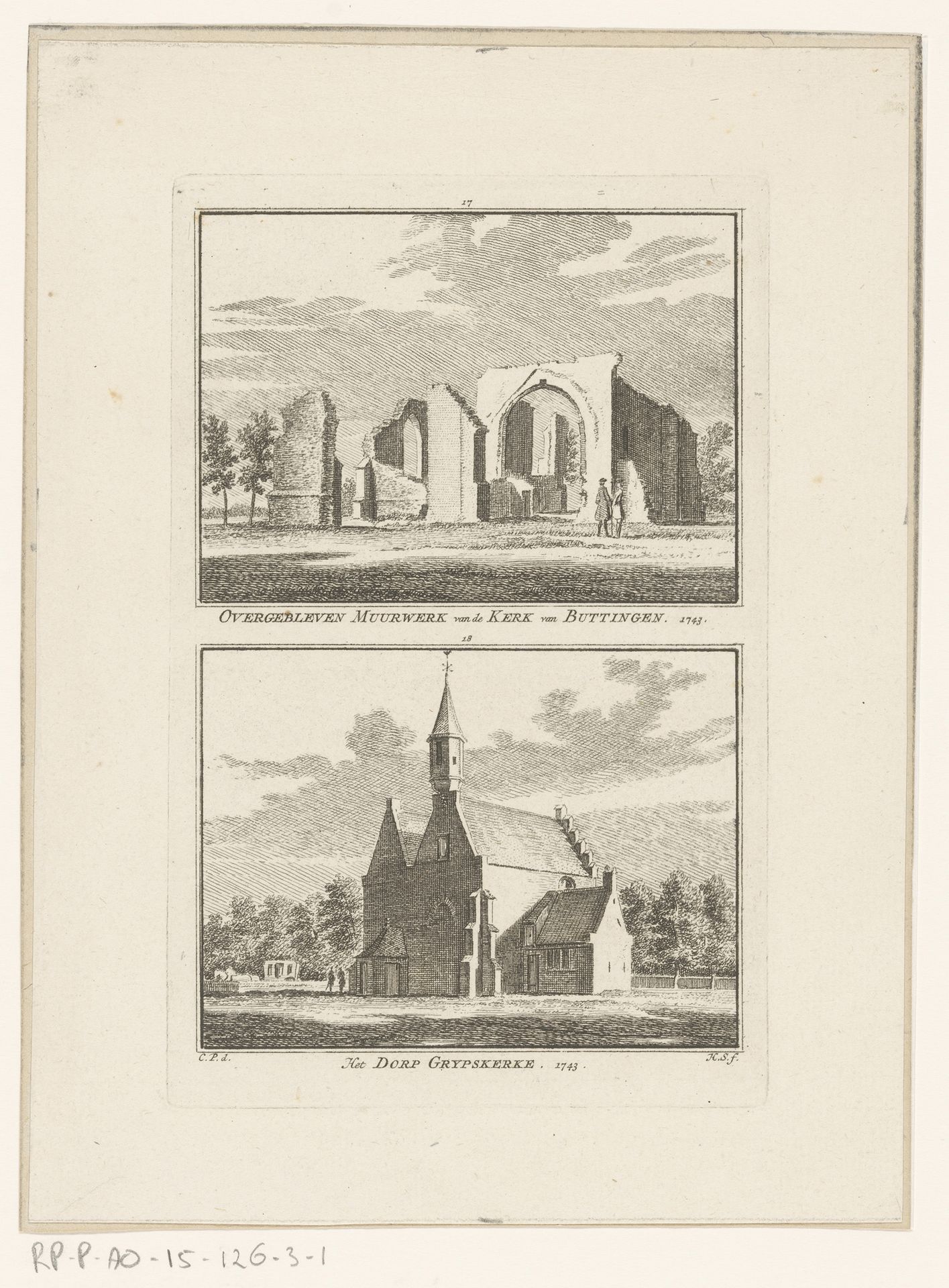 Gezicht op de ruïne van de kerk te Buttinge en gezicht op de kerk te Grijpskerke, 1743 by Hendrik Spilman