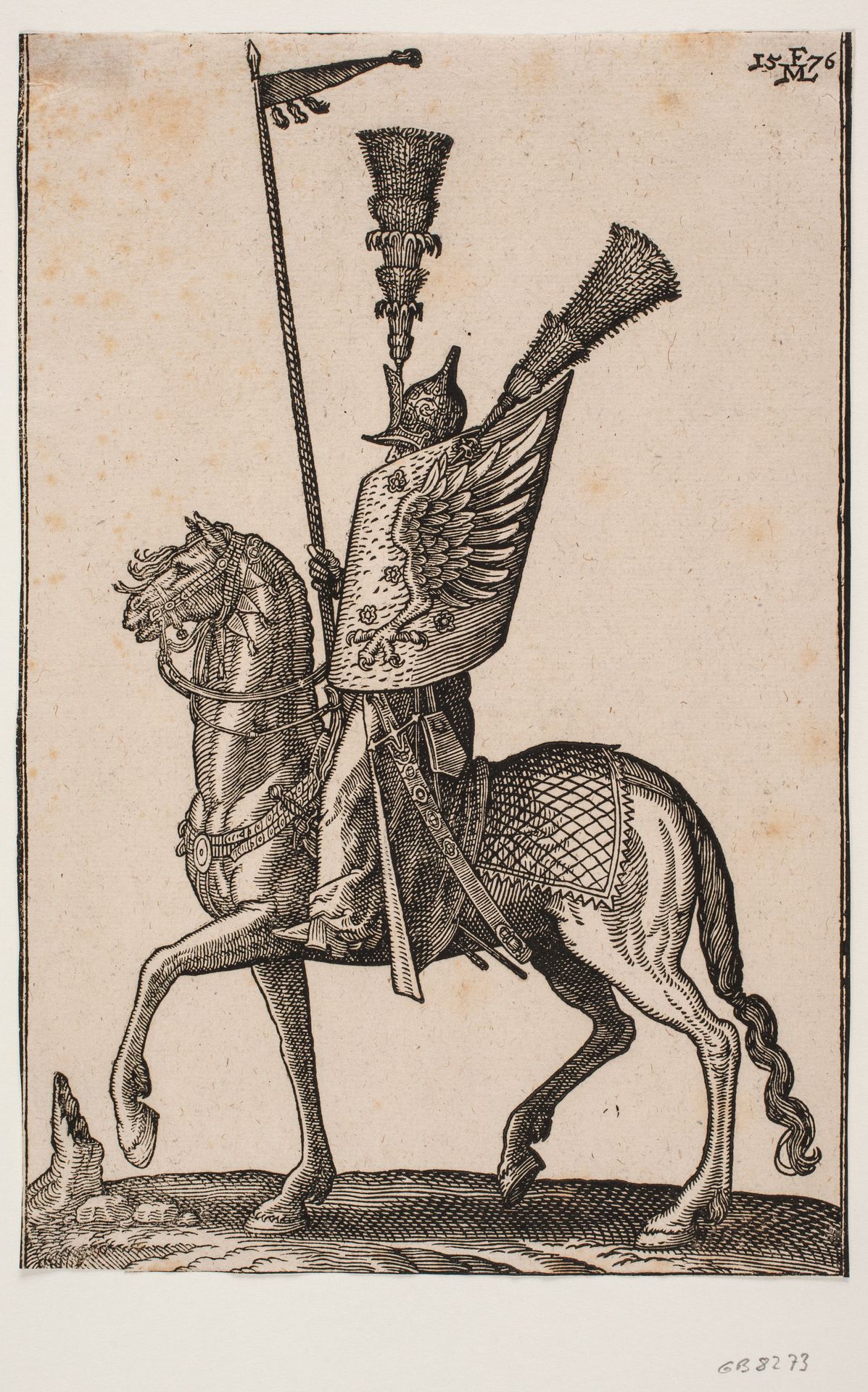 Bereden soldat, profil mod v.; lanse med vimpel, metalhjelm med meget høj fjerbusk, sjold med ørnevinge og en yderligere høj fjerbusk by Melchior Lorck