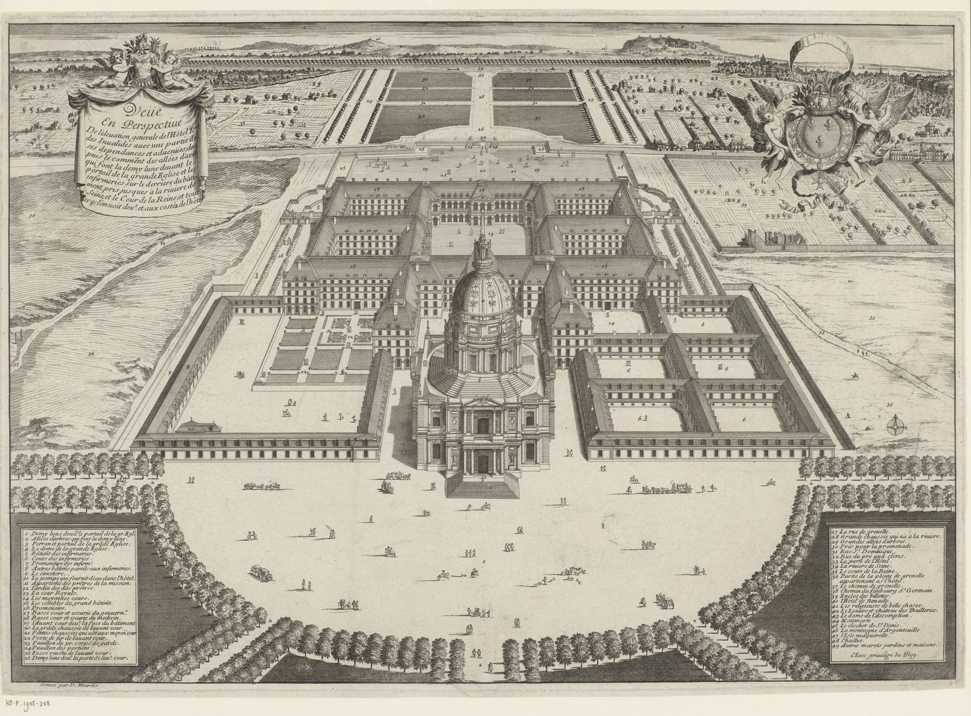 l'Hôtel des Invalides van af de Boulevard Vaugirard by Daniël (I) Marot