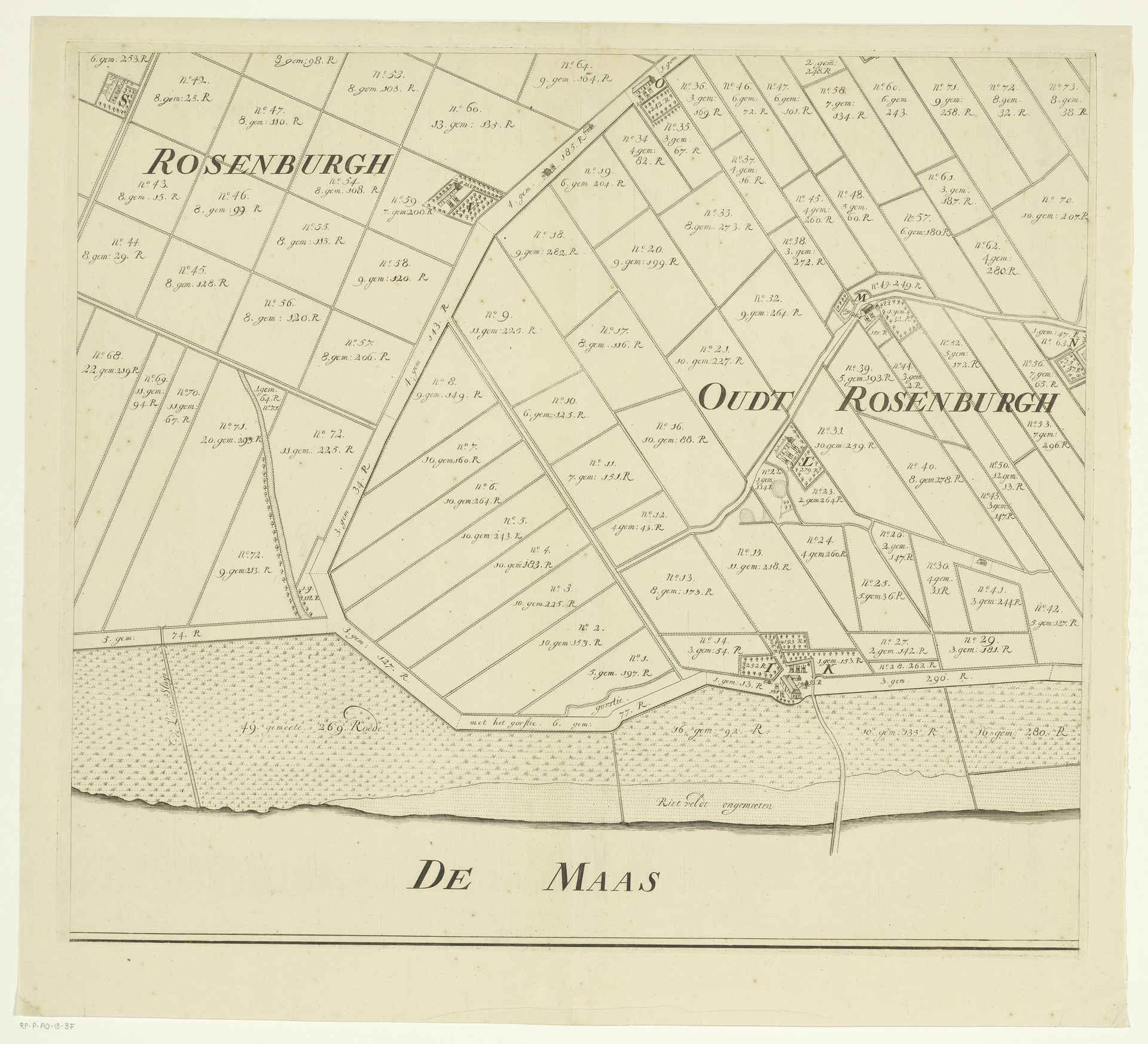 Kaart van het eiland Rozenburg (tweede deel van onder) by Anonymous