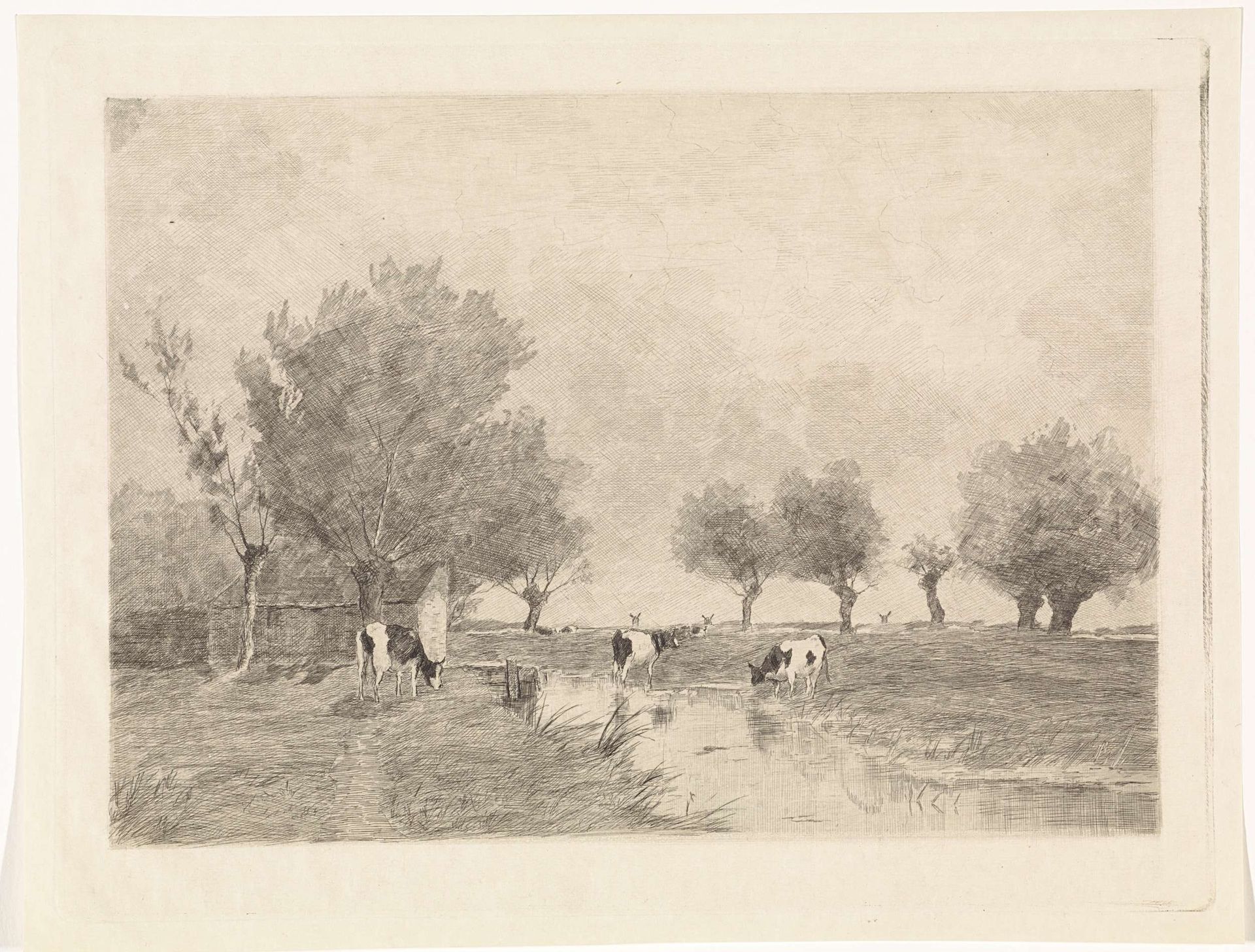 Landschap met drie koeien bij een sloot by Elias Stark
