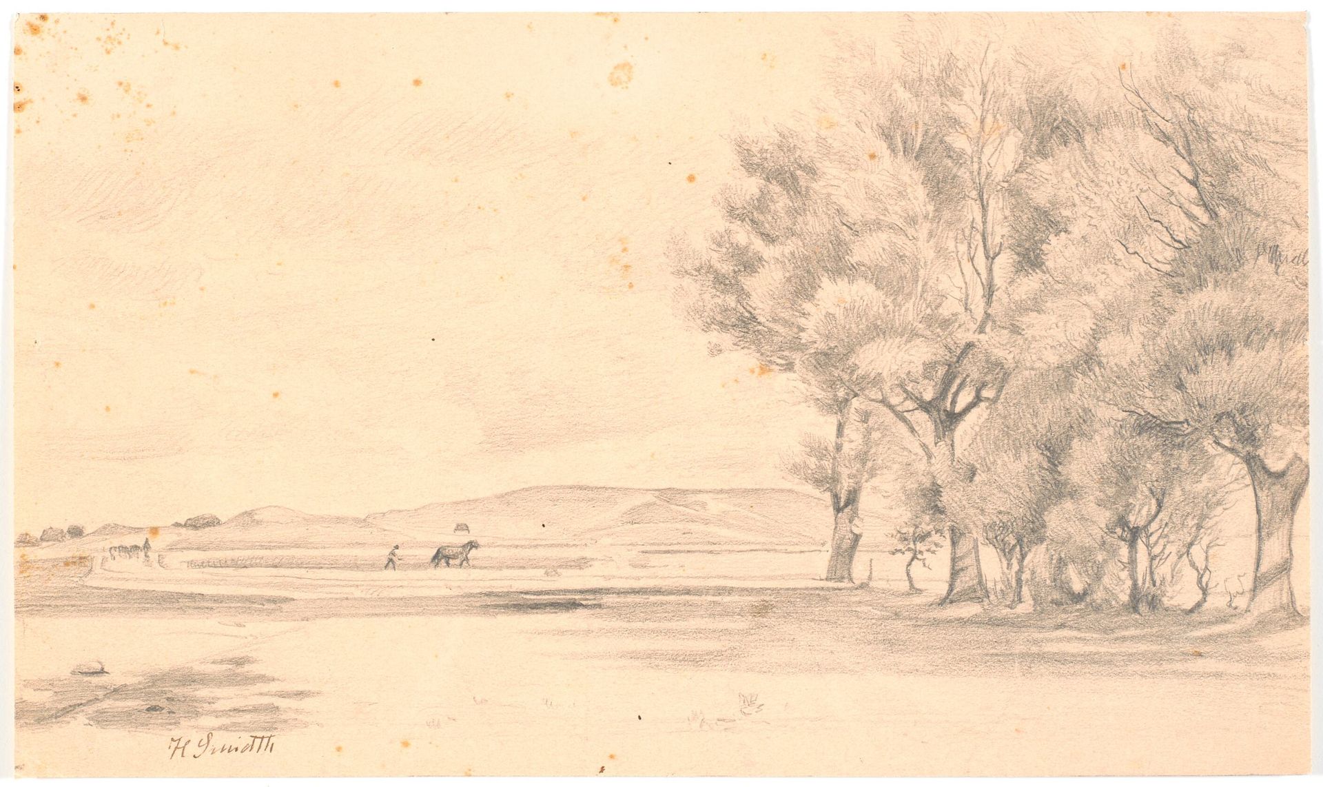 Landskab med pløjemark; t.h. høje træer by Hans Smidth
