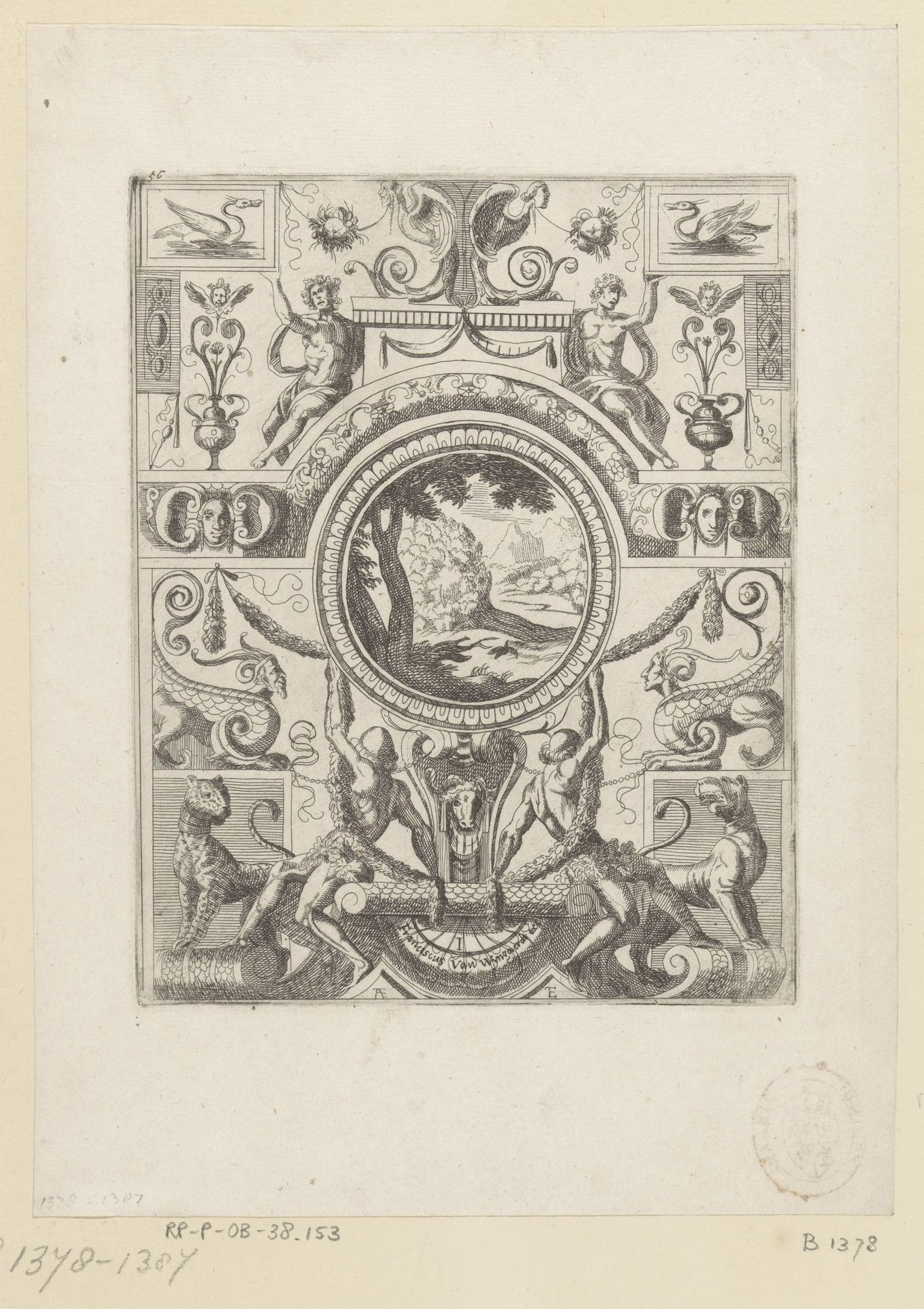 Grotesk ornament met landschap in het midden by Anonymous