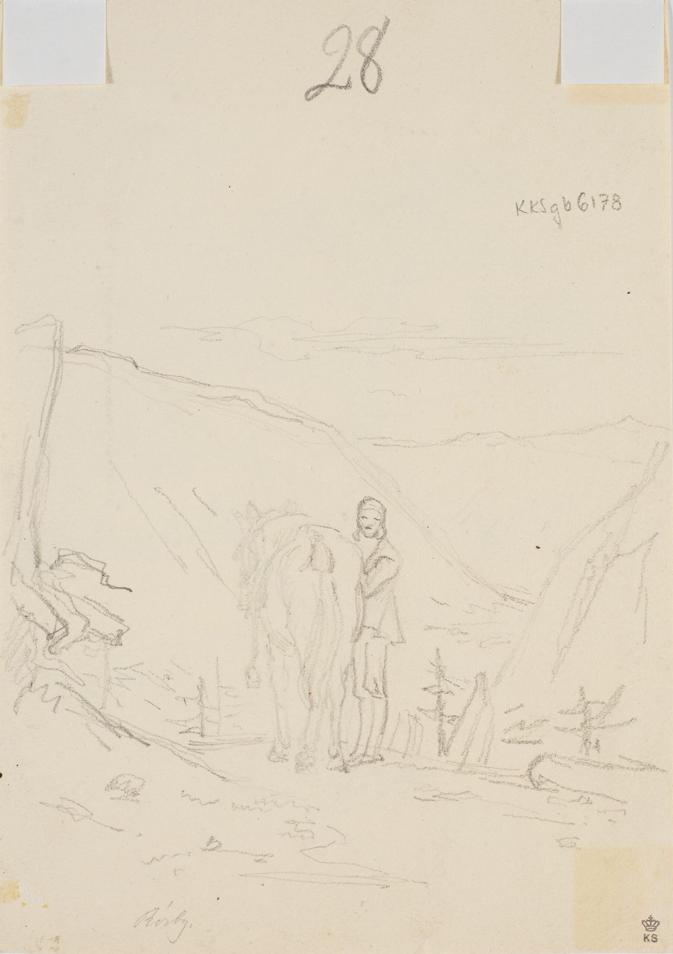 Norsk landskab med bonde stående ved hest by Martinus Rørbye