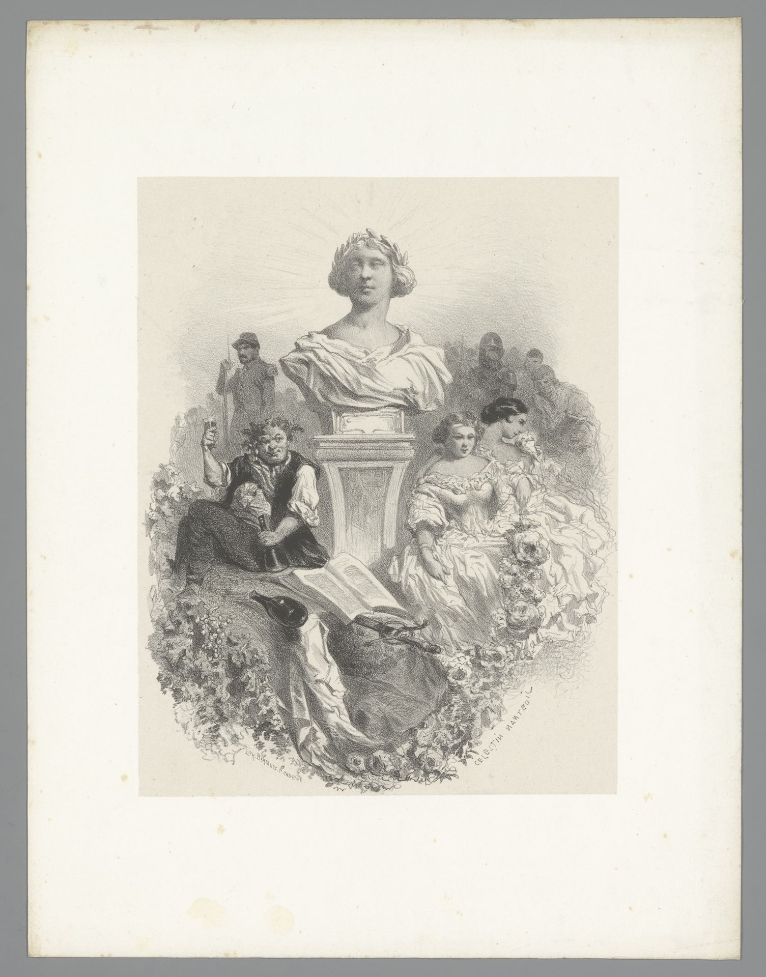 Borstbeeld omringd door Bacchus, twee vrouwen en andere figuren by Célestin Nanteuil