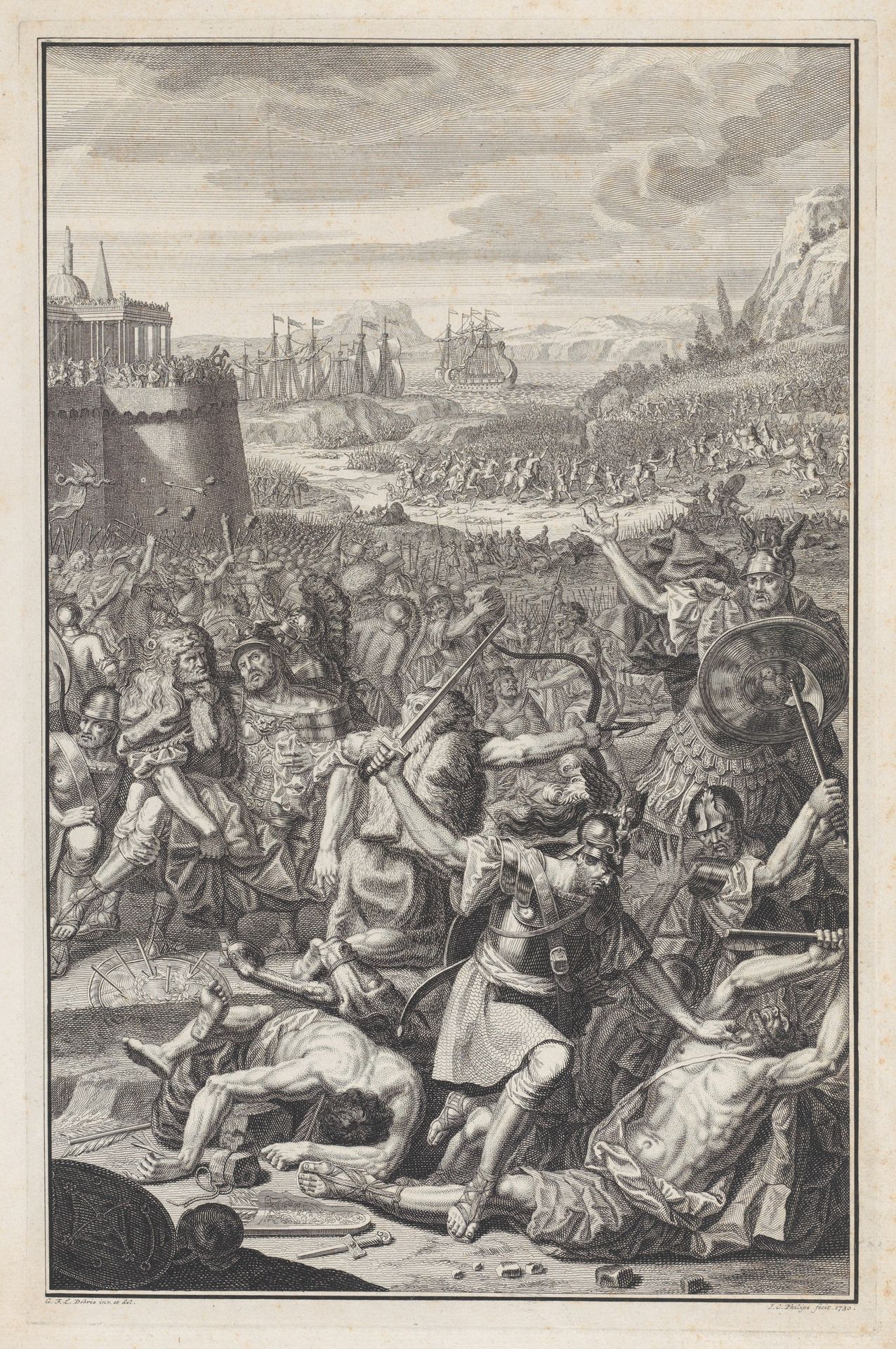 Battle scene with a man about to be stabbed with a sword at lower right by Jan Caspar Philips