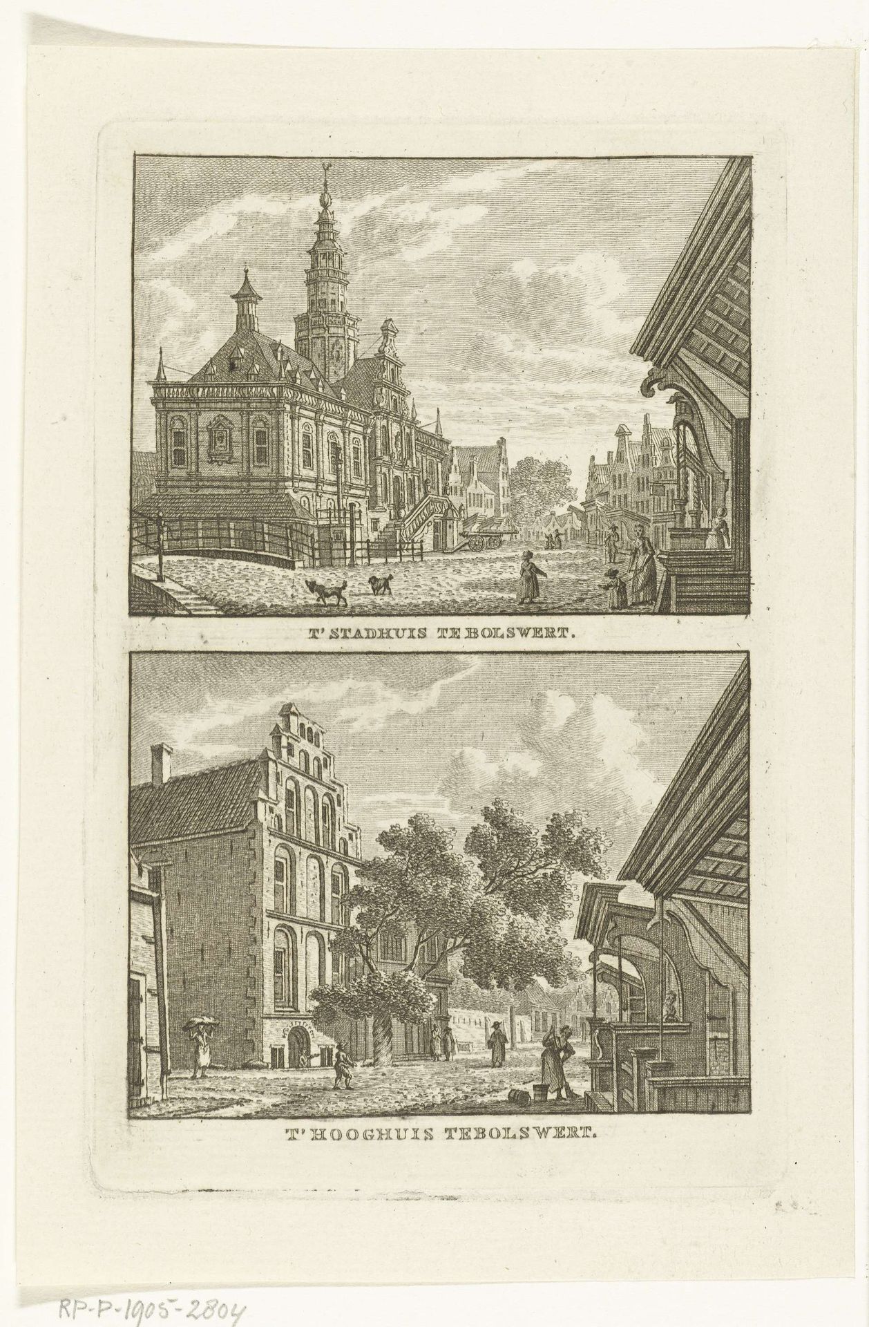 Twee dorpsgezichten te Bolsward: Stadhuis en het Hooghuis by Carel Frederik (I) Bendorp