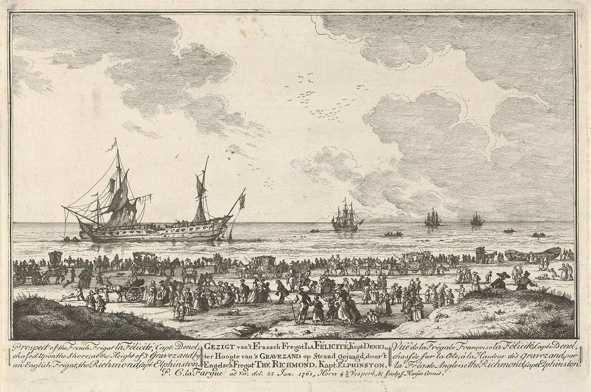 Franse fregat La Félicité door een Engels fregat op het strand gejaagd, 1761 by Paulus Constantijn la Fargue