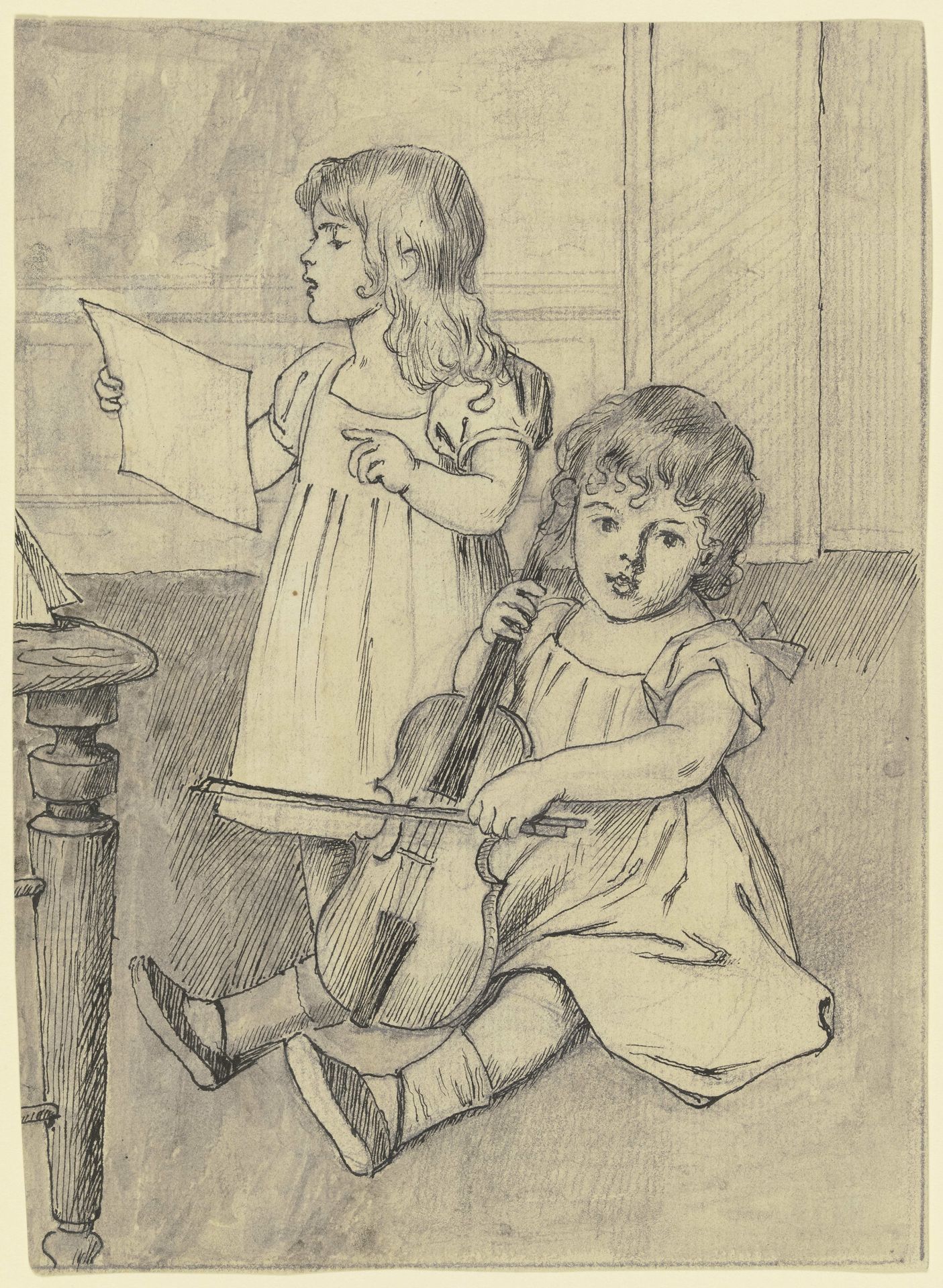Two children playing music by Otto Scholderer