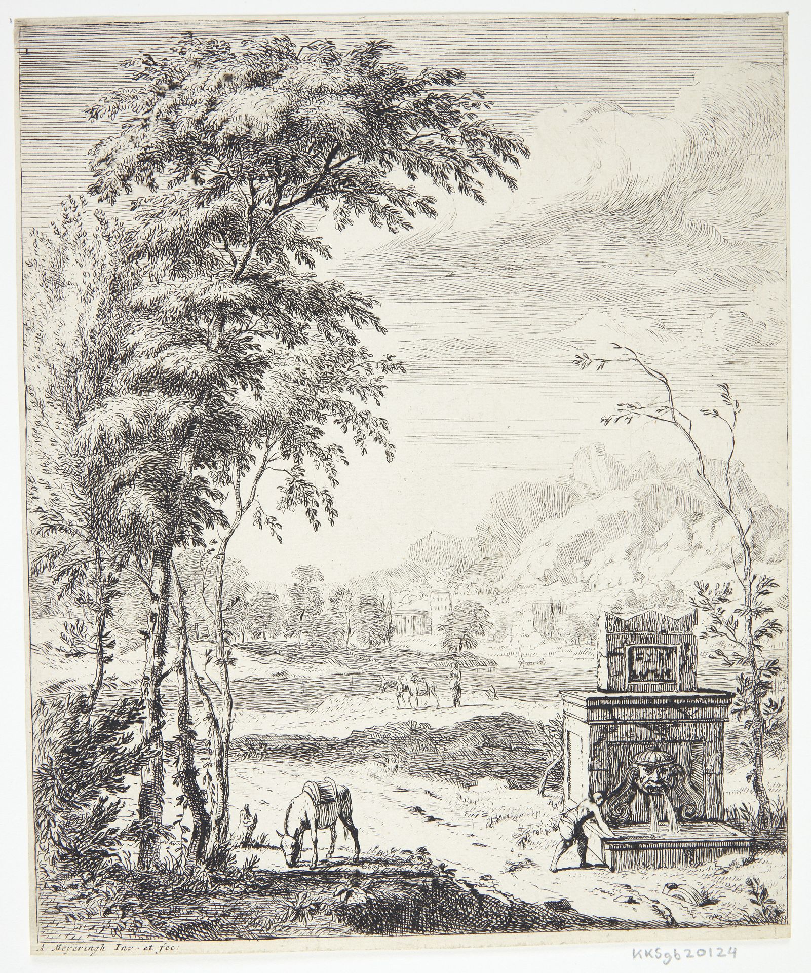 Landskab med en fontæne og et æsel by Albert Meyering