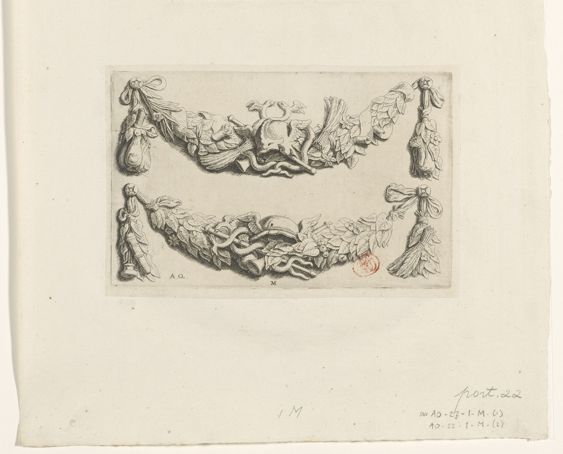 Twee festoenen met attributen van Mercurius en bladeren in de zuidelijke galerij van het Stadhuis op de Dam by Hubert Quellinus