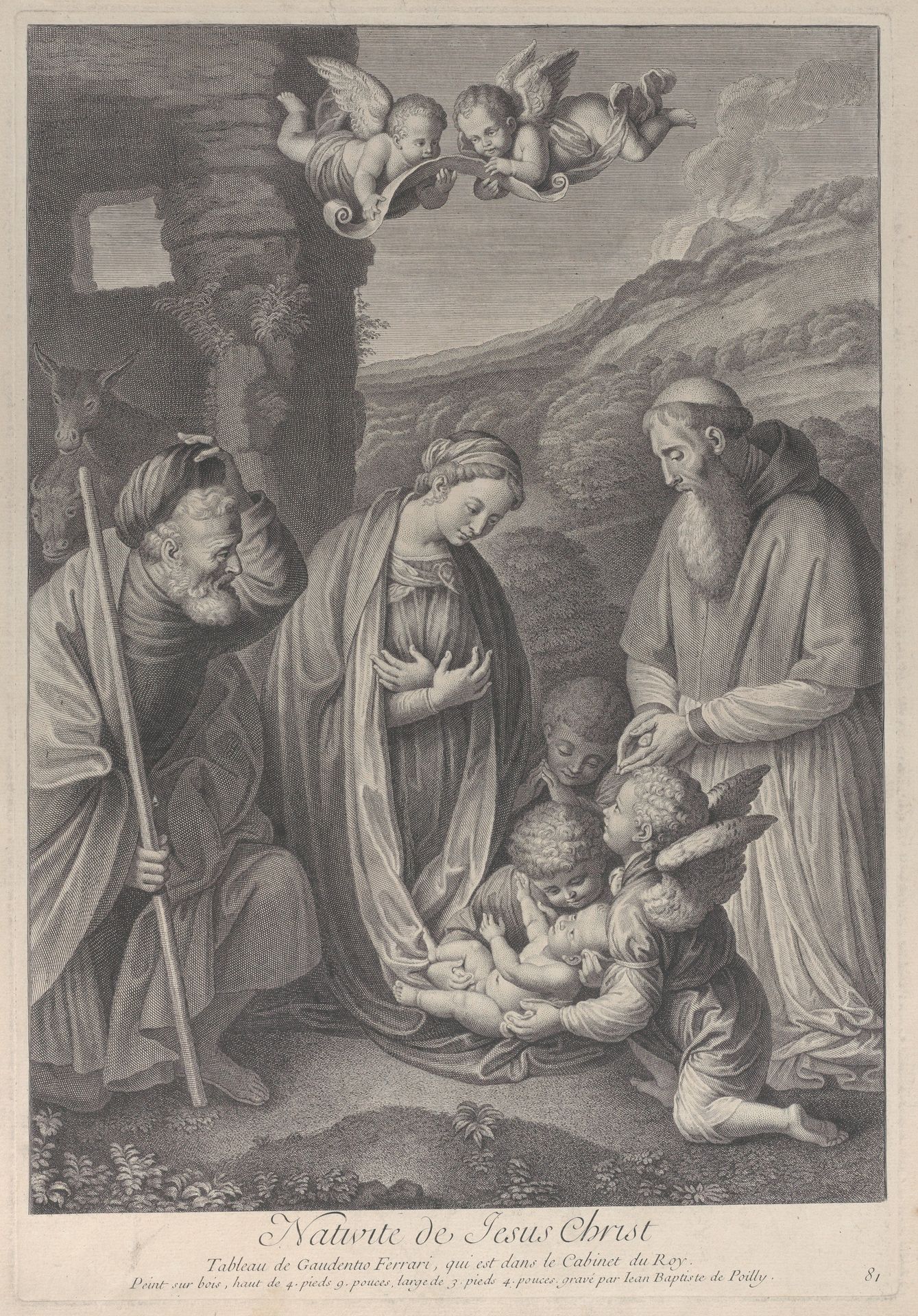The Nativity, with Saint Joseph, the Virgin, and a male saint adoring Christ Child, who lies at center, supported by angels by Jean-Baptiste de Poilly