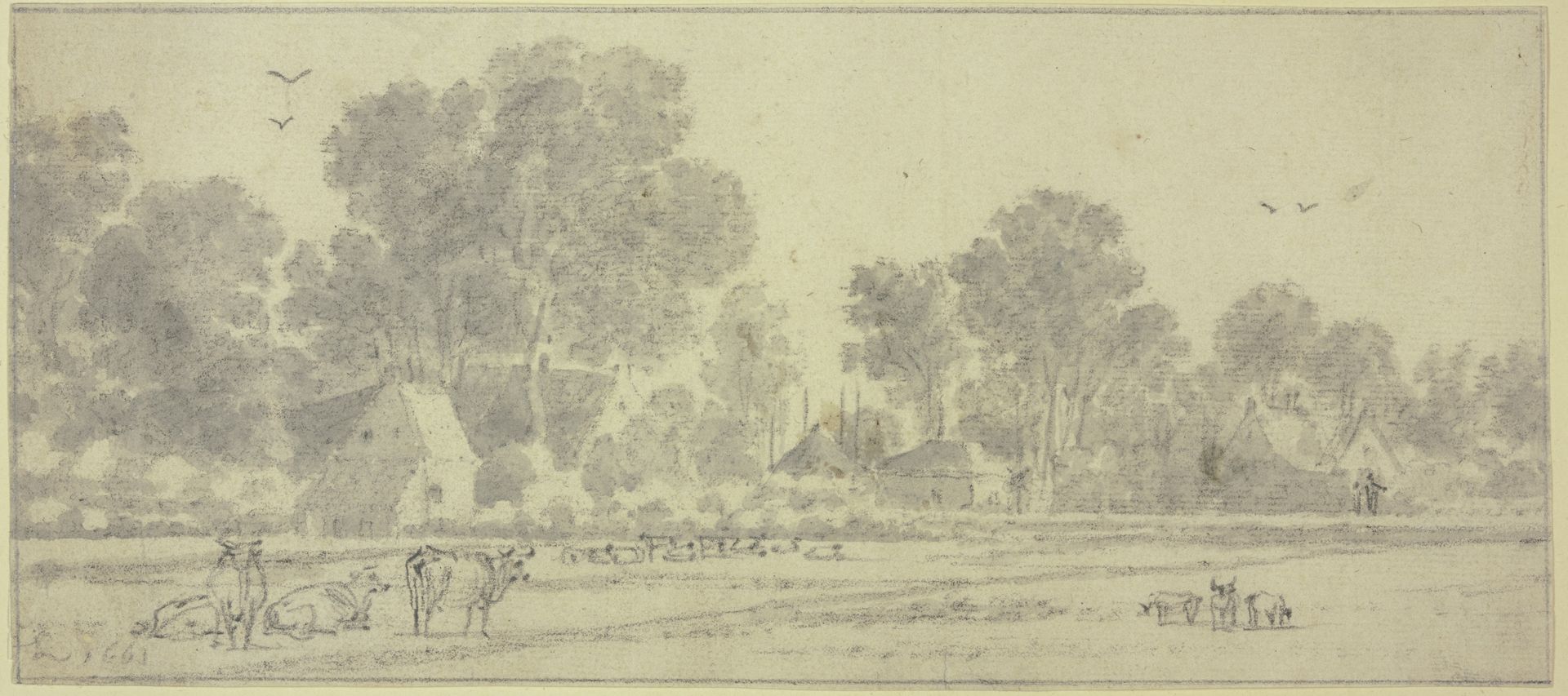 Bei einer Wiese Hütten unter Bäumen, vorne Herden by Cornelis Saftleven