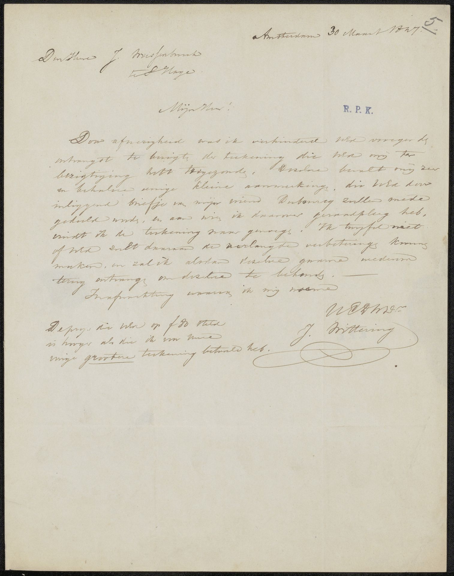 Brief aan Jan Weissenbruch by J. Wittering