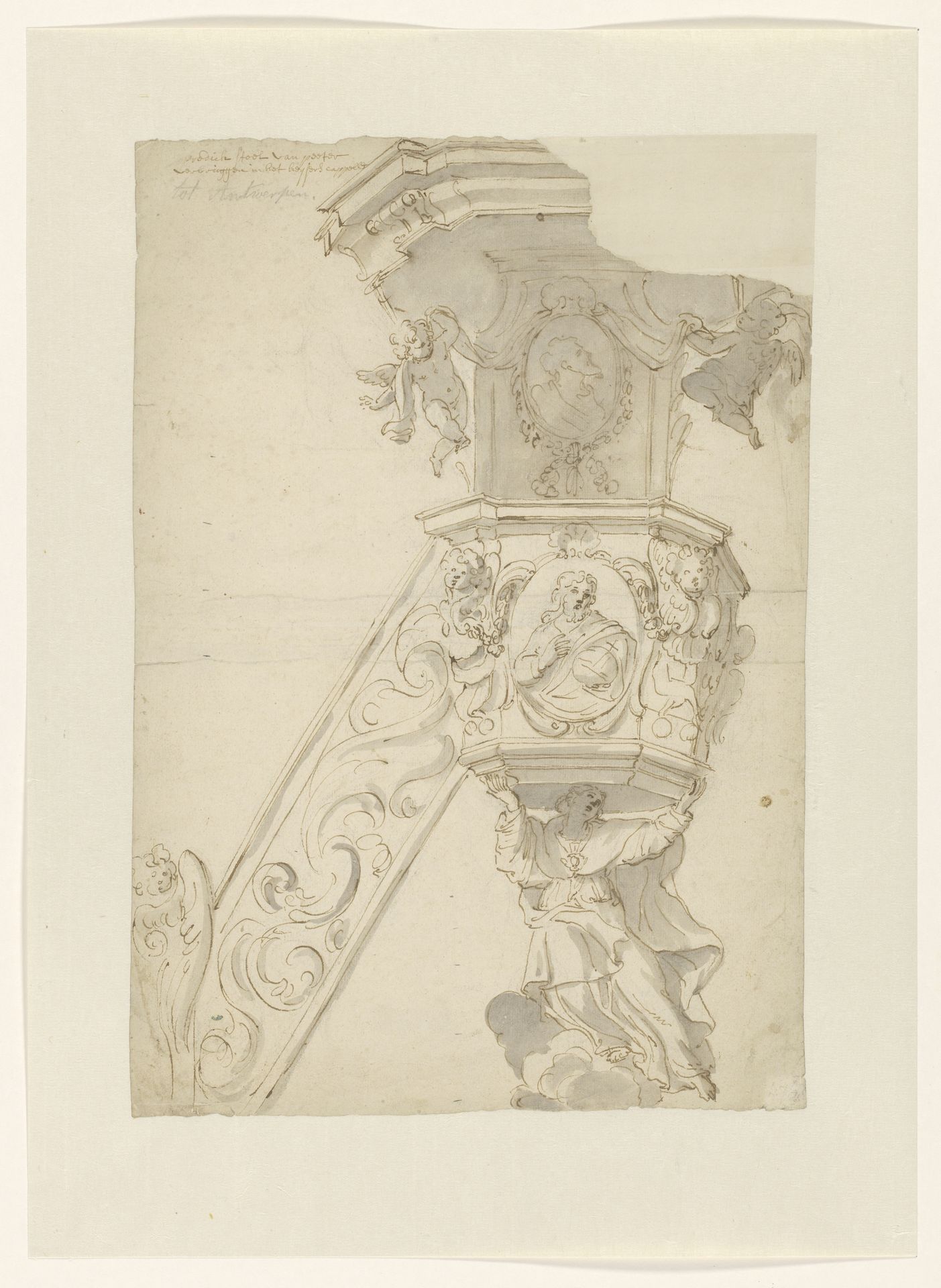 Ontwerp voor de preekstoel in de St. Annakapel te Antwerpen by Pieter (II) Verbruggen