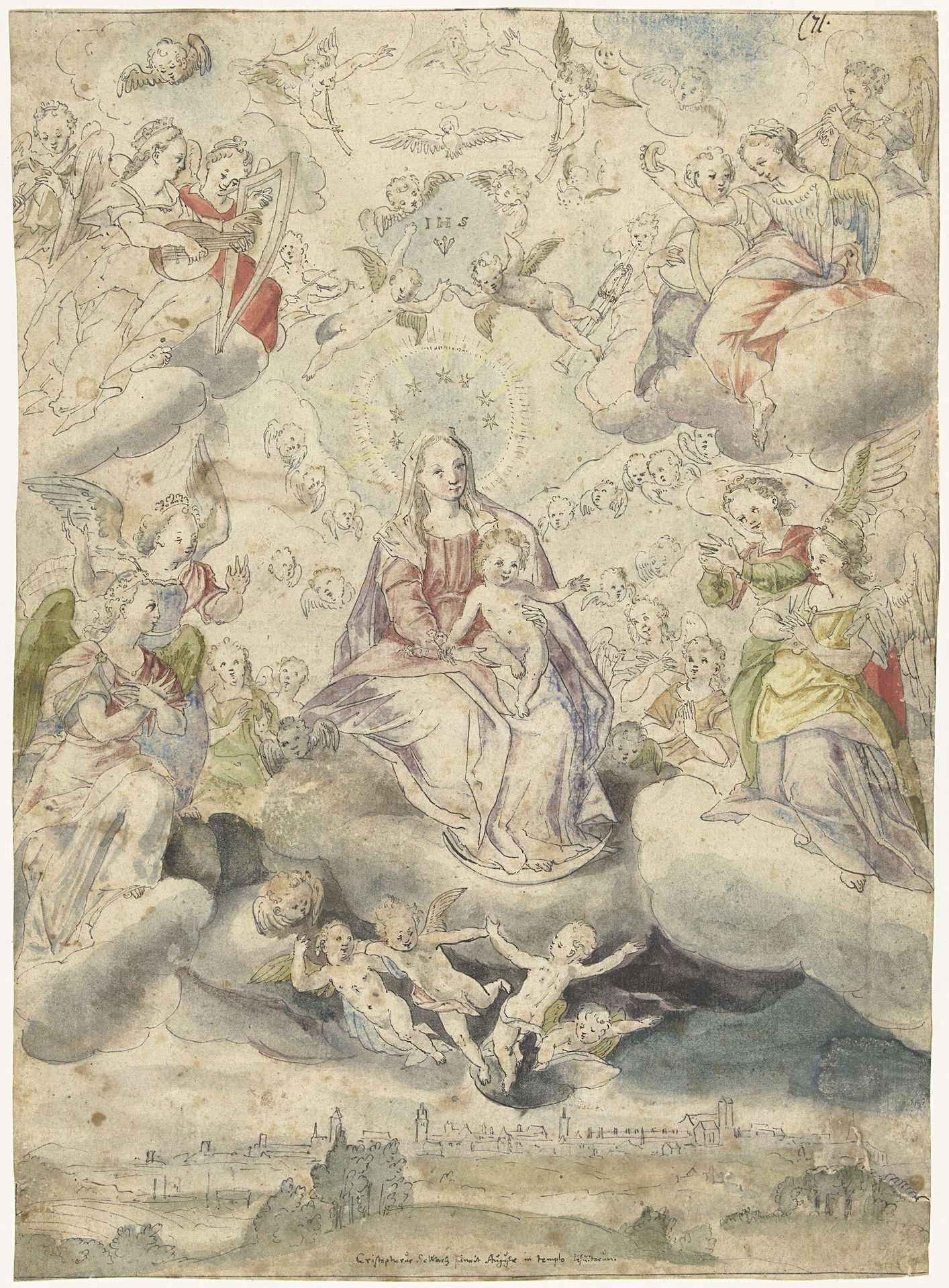 Maria en kind op de wolken te midden van engelen en cherubijnen by Anonymous