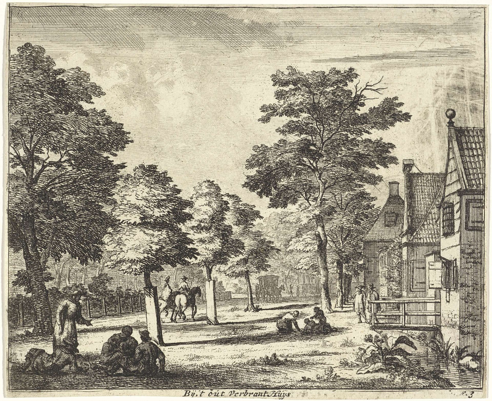 Zittende figuren langs een bomenrij en huizen by Jan Vincentsz. van der Vinne
