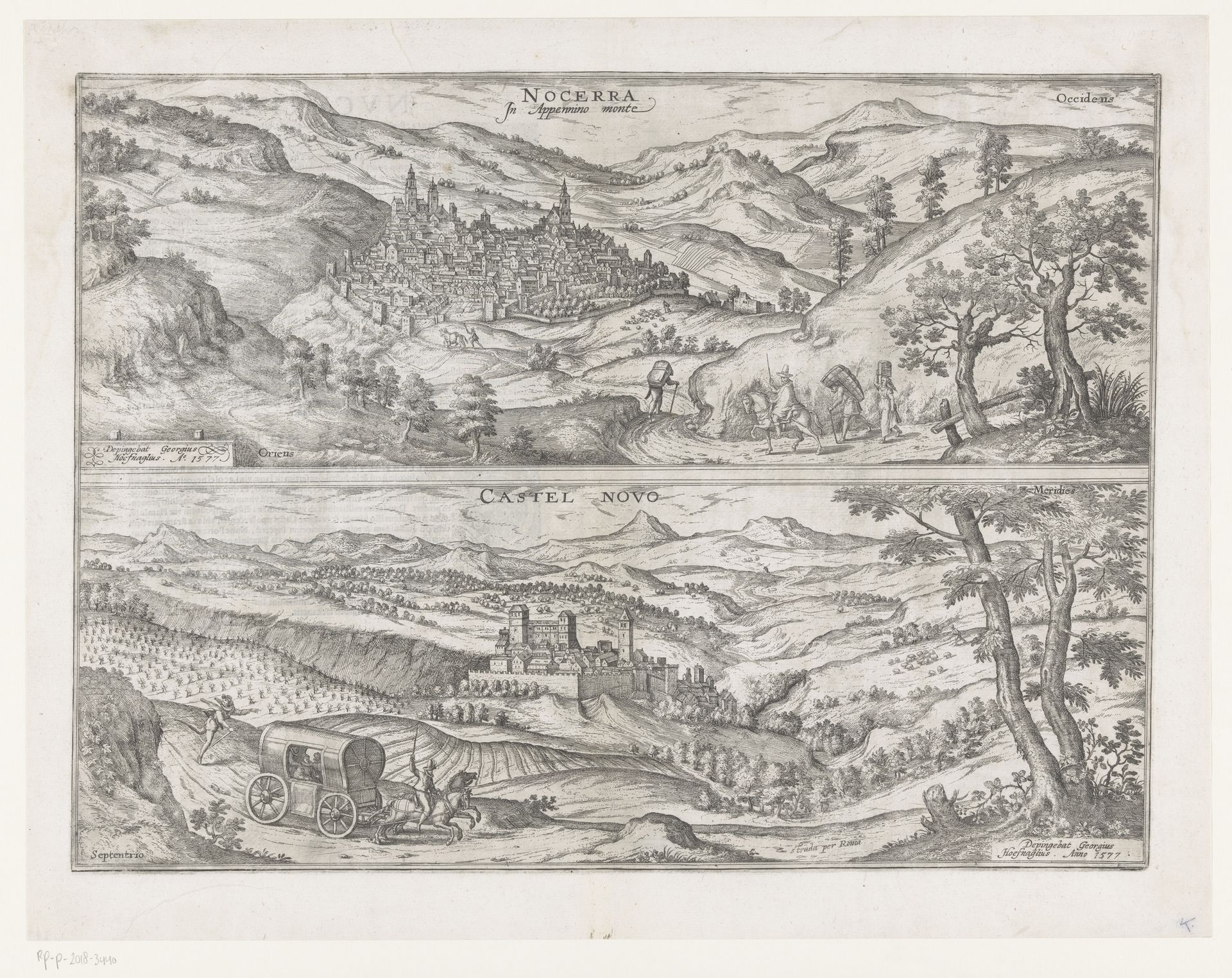 Gezicht op Nocera Umbra en gezicht op Castelnuovo di Porto te Italië by Abraham Hogenberg