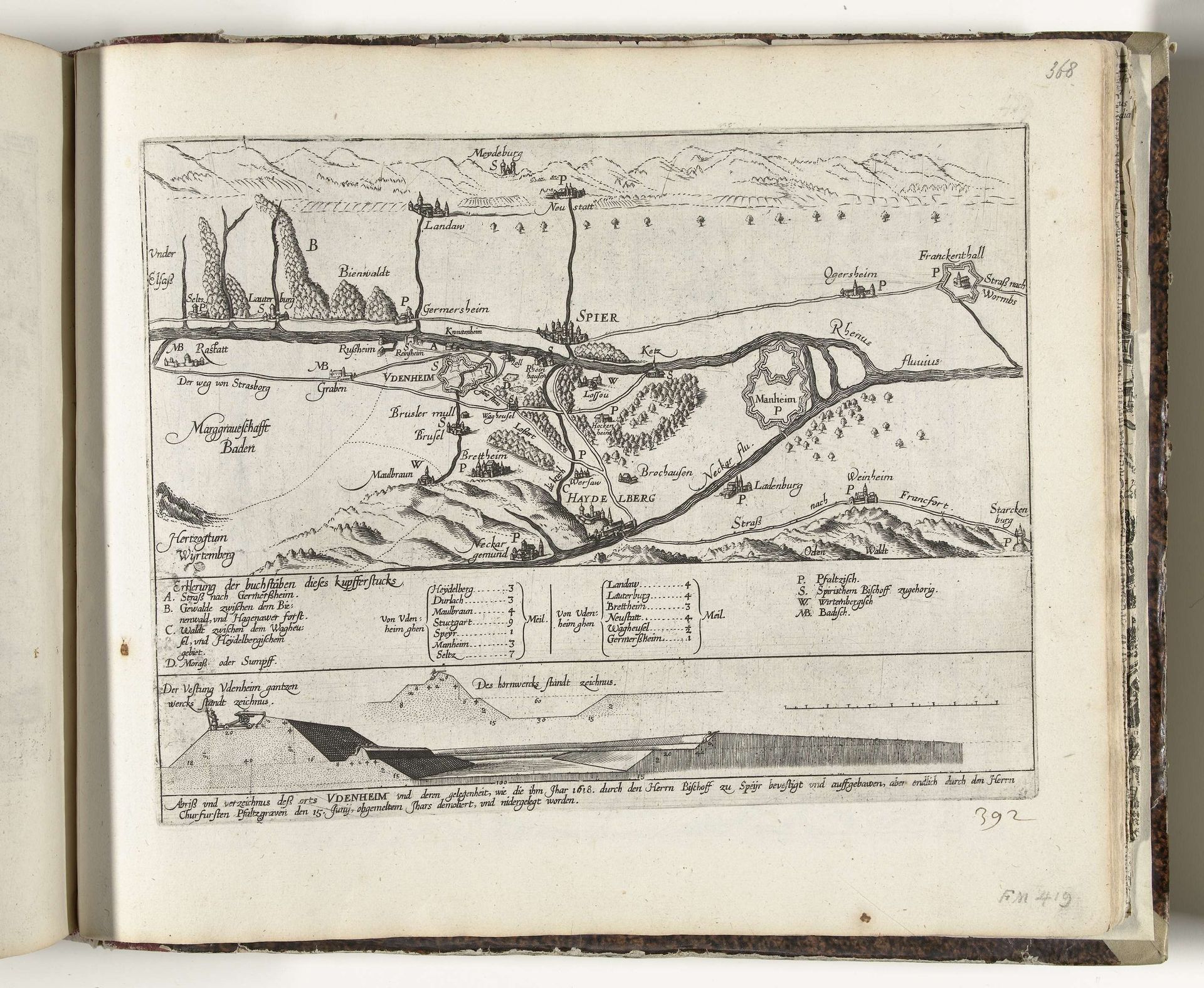 Kaart van het gebied rond Speyer met ontwerp van de vesting Philippsburg, 1618 by Frans Hogenberg