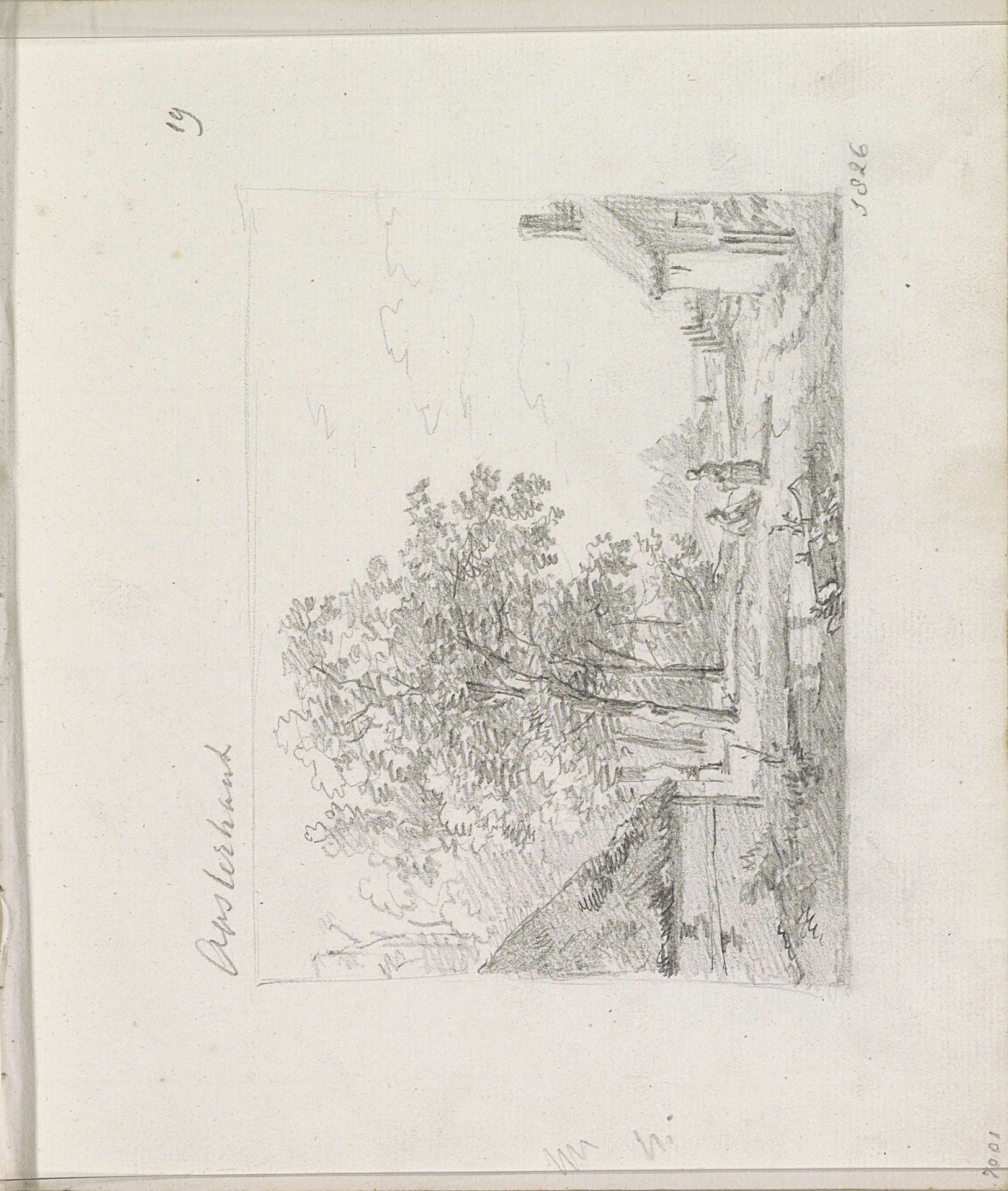 Landschap met twee figuren op een grasveld tussen twee huizen by Andreas Schelfhout