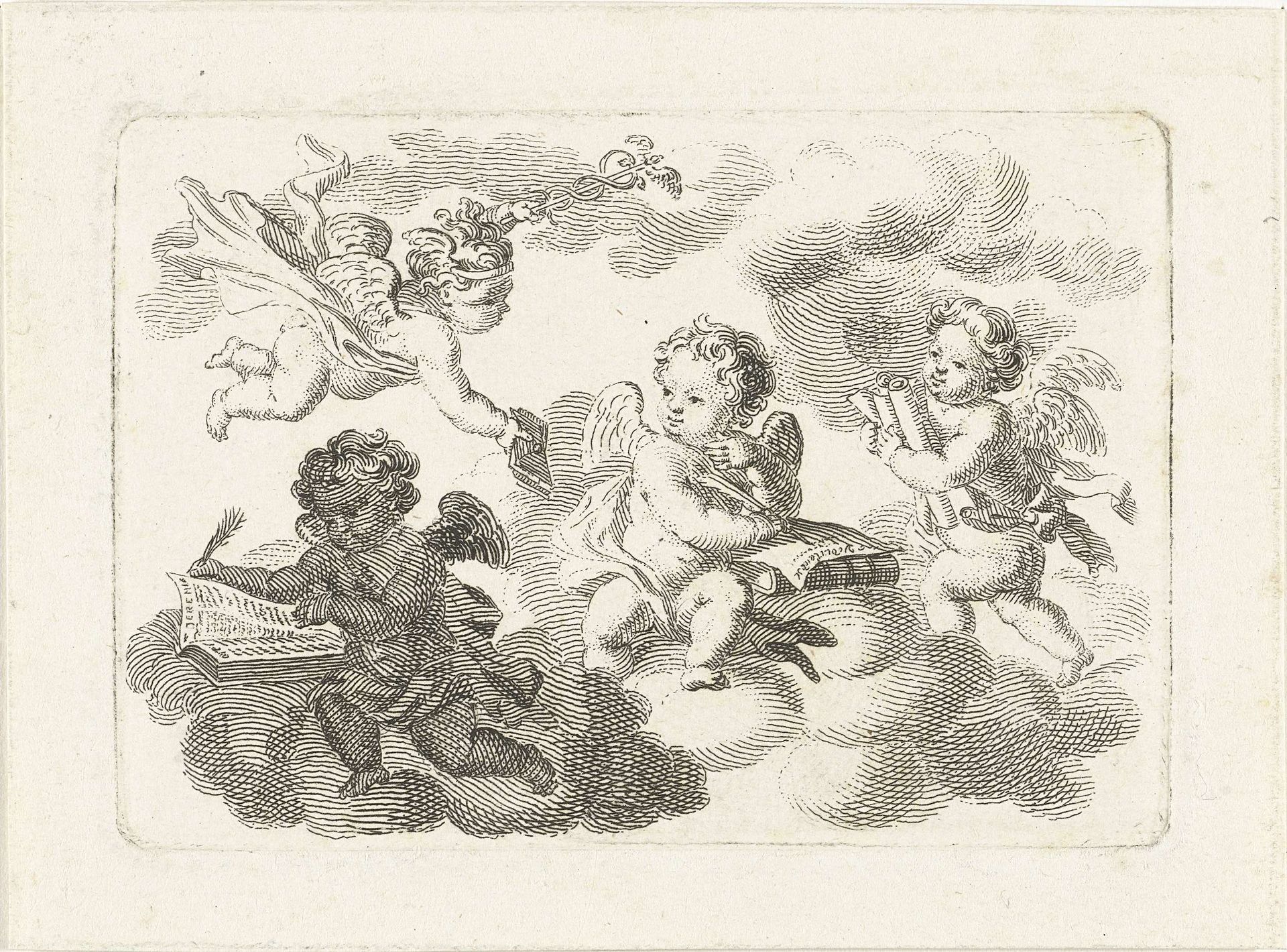 Allegorie op kunsten en wetenschappen met vier putti by Abraham Delfos