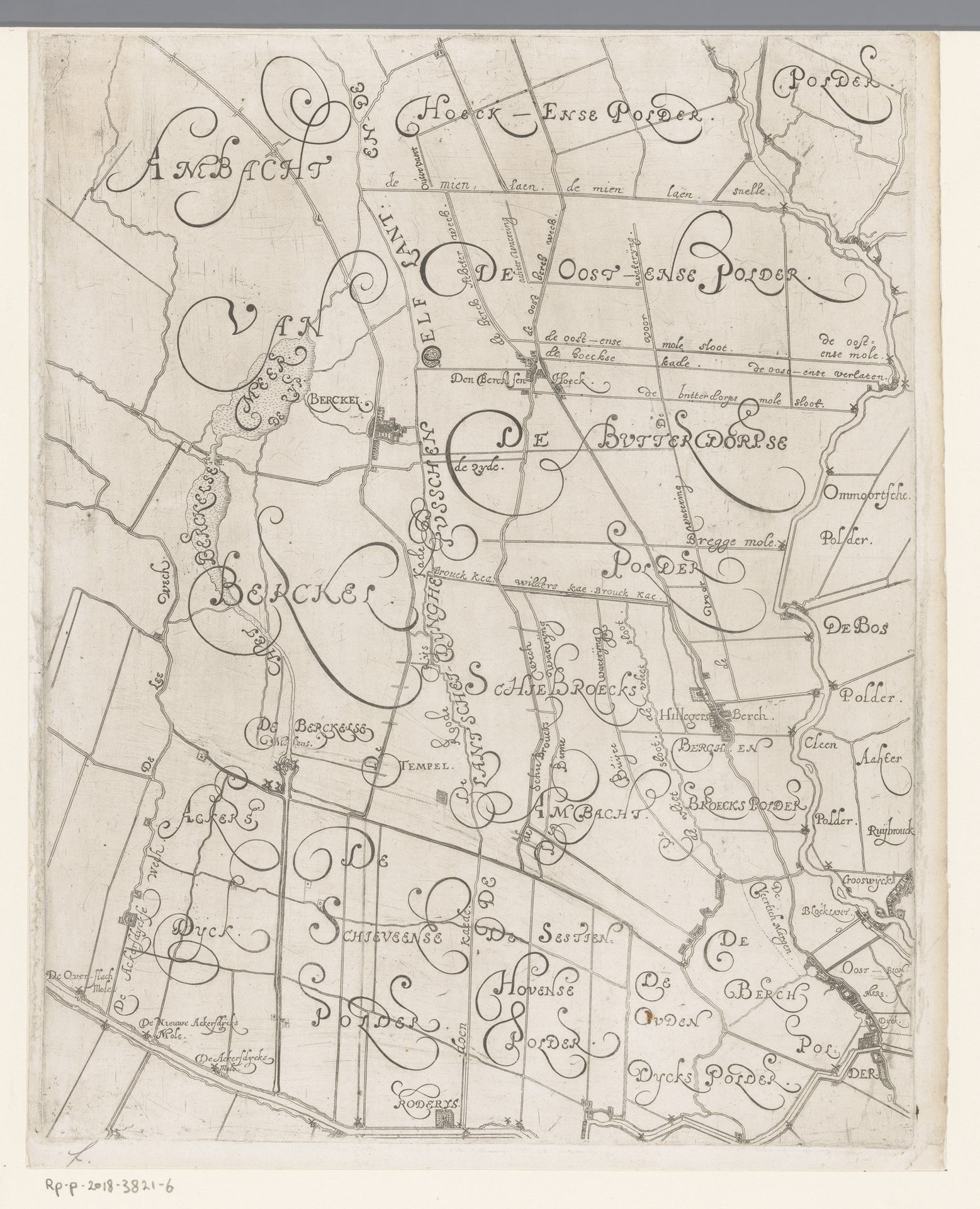 Kaart van het Hoogheemraadschap van Delfland, met Berkel en Rodenrijs, deel midden rechts by Floris Balthasarsz van Berckenrode