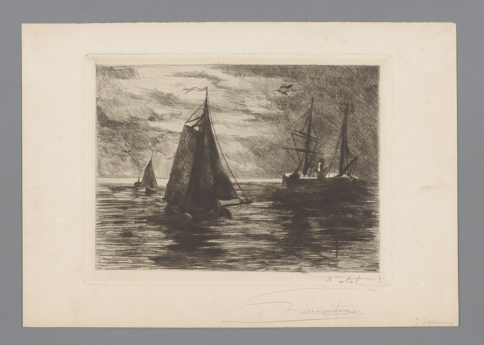 Schepen op het water bij het vallen van de avond by Georges Montenez
