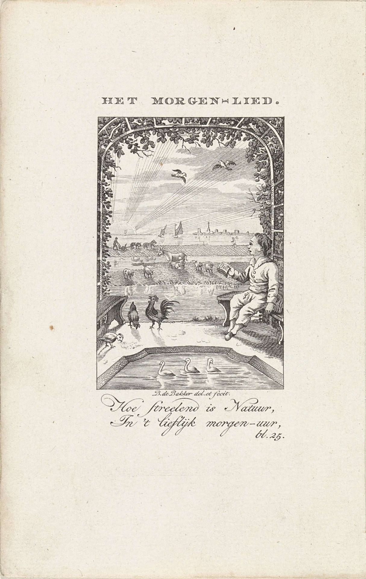 Kind zit in prieel en zingt bij zonsopkomst by Barent de Bakker