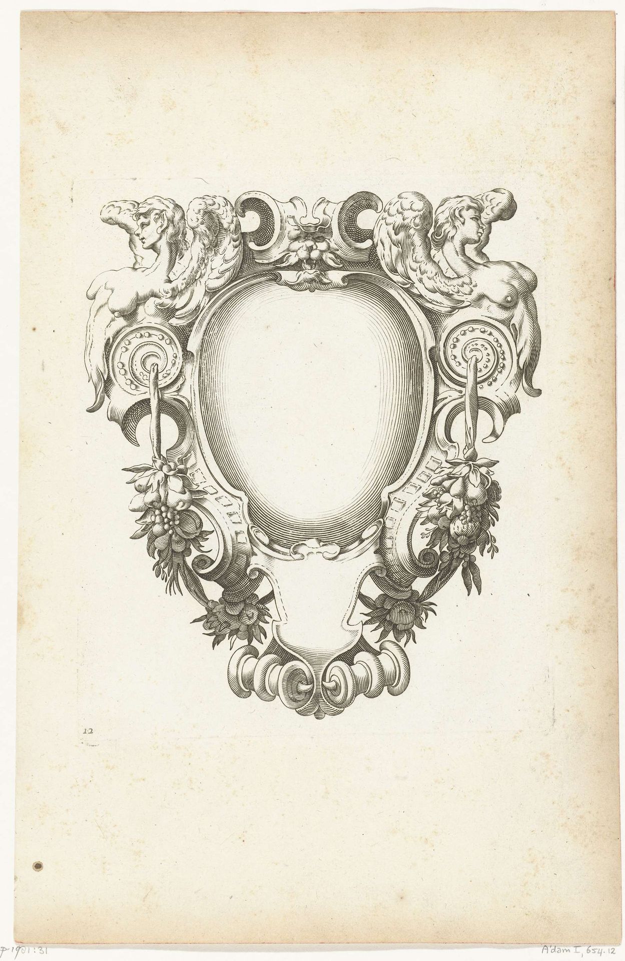 Cartouche met bovenlichamen van twee gevleugelde vrouwen by Pierre Firens