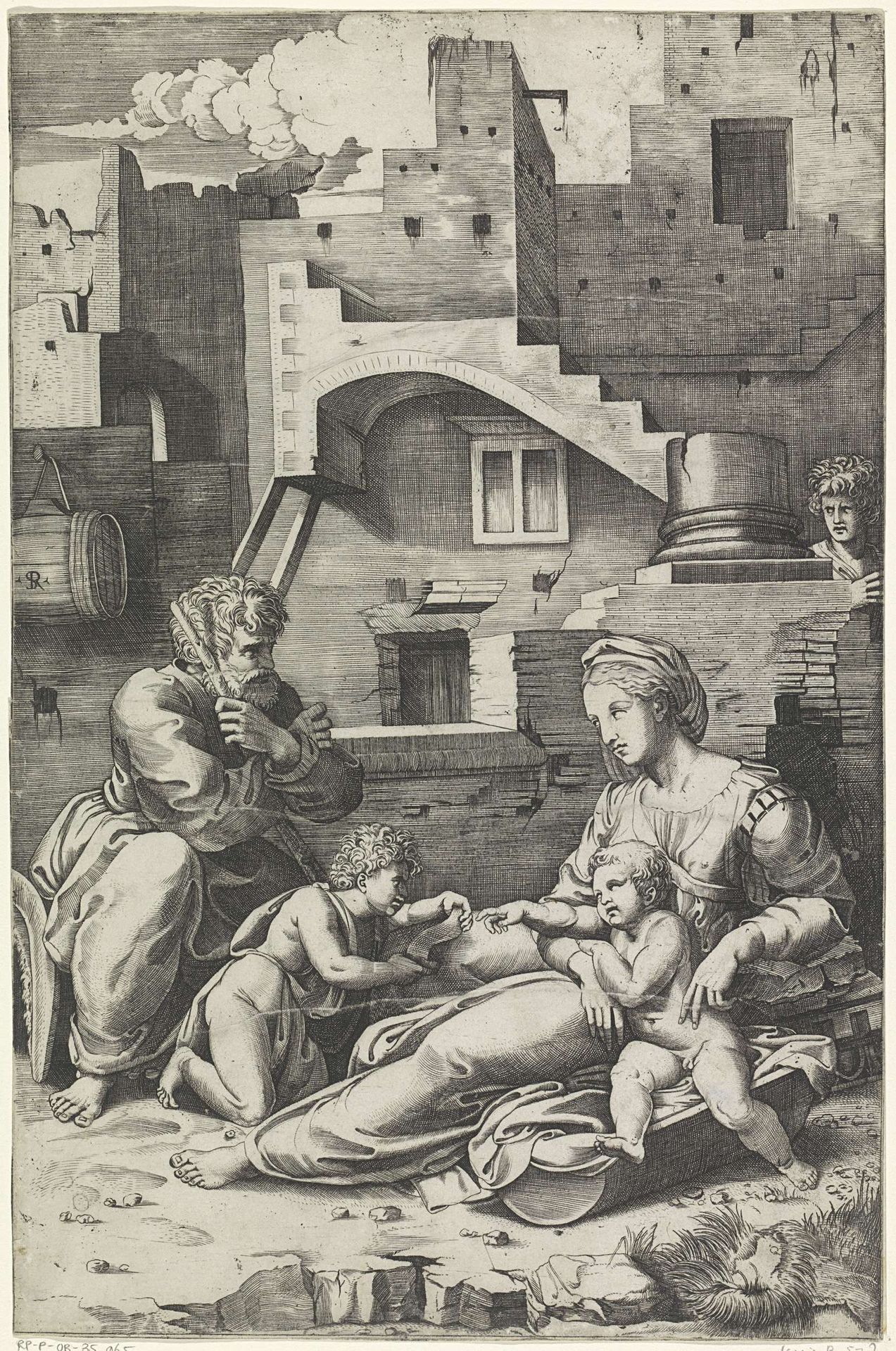 Heilige Familie met de jonge Johannes de Doper voor een vervallen gebouw by Marco Dente