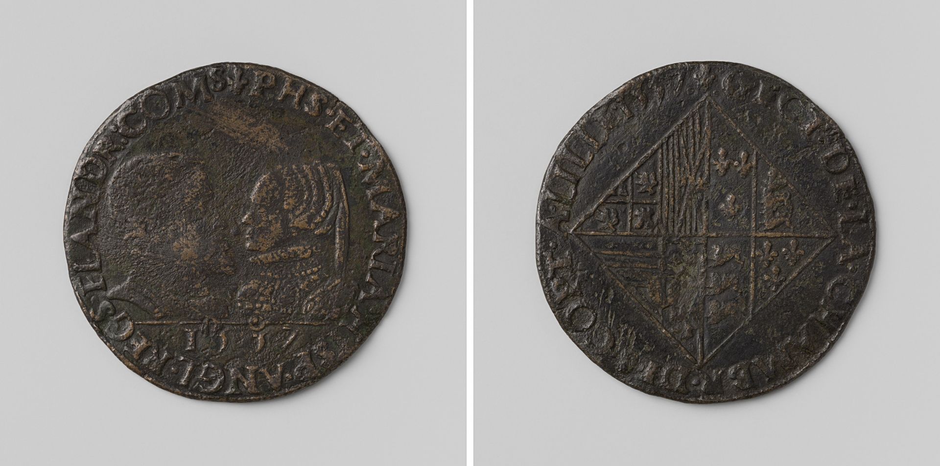 Filips II, koning van Spanje en Maria I, koningin van Engeland, rekenpenning van de rekenkamer van Vlaanderen te Rijssel by Anonymous