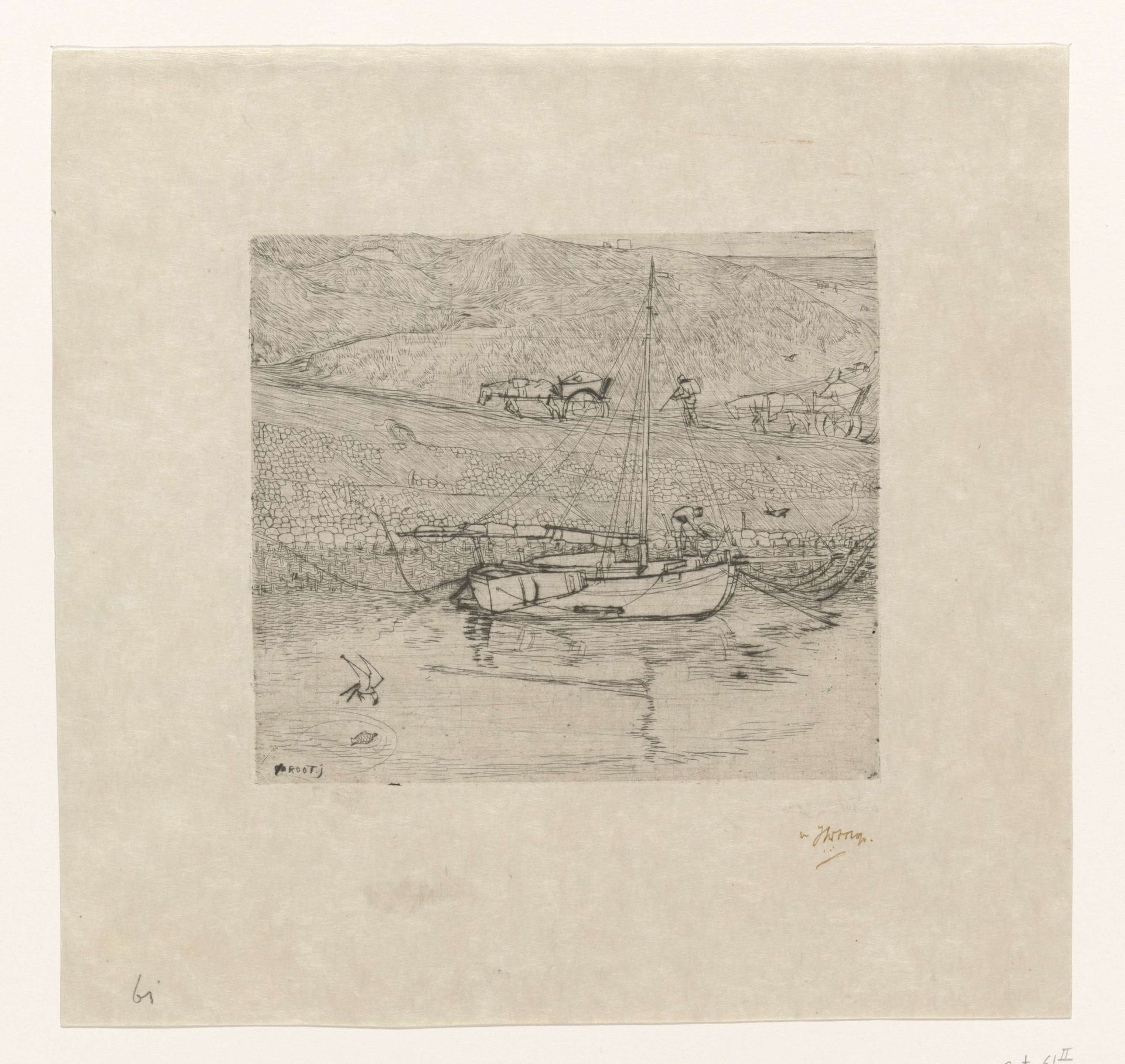 Kleine zeilboot in het water bij de duinen by Jan Toorop