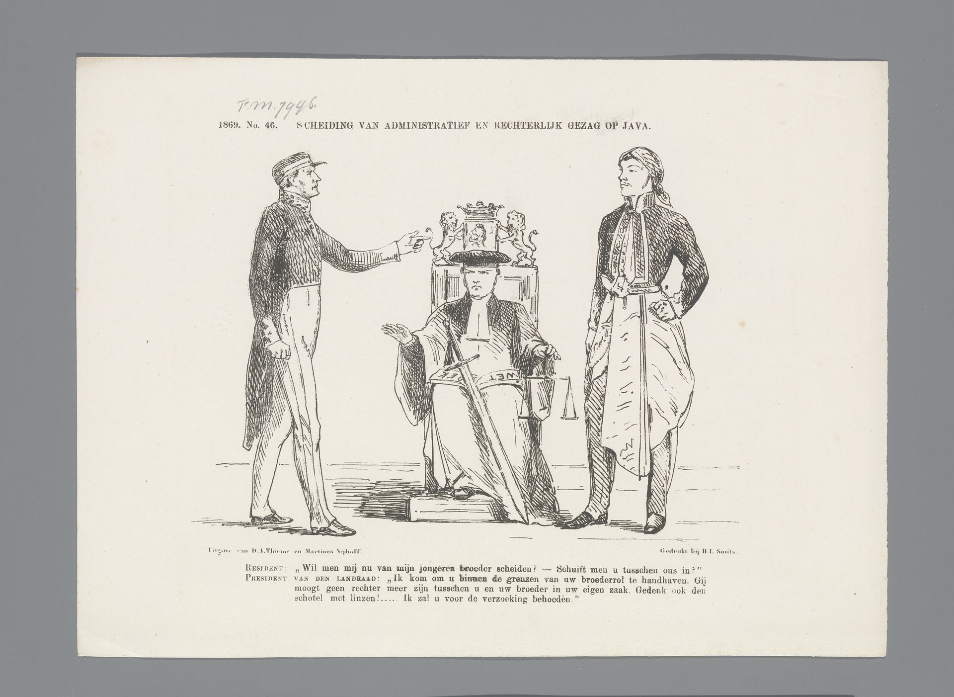 Spotprent op de scheiding van administratief en rechterlijk gezag op Java, 1869 by Johan Michaël Schmidt Crans