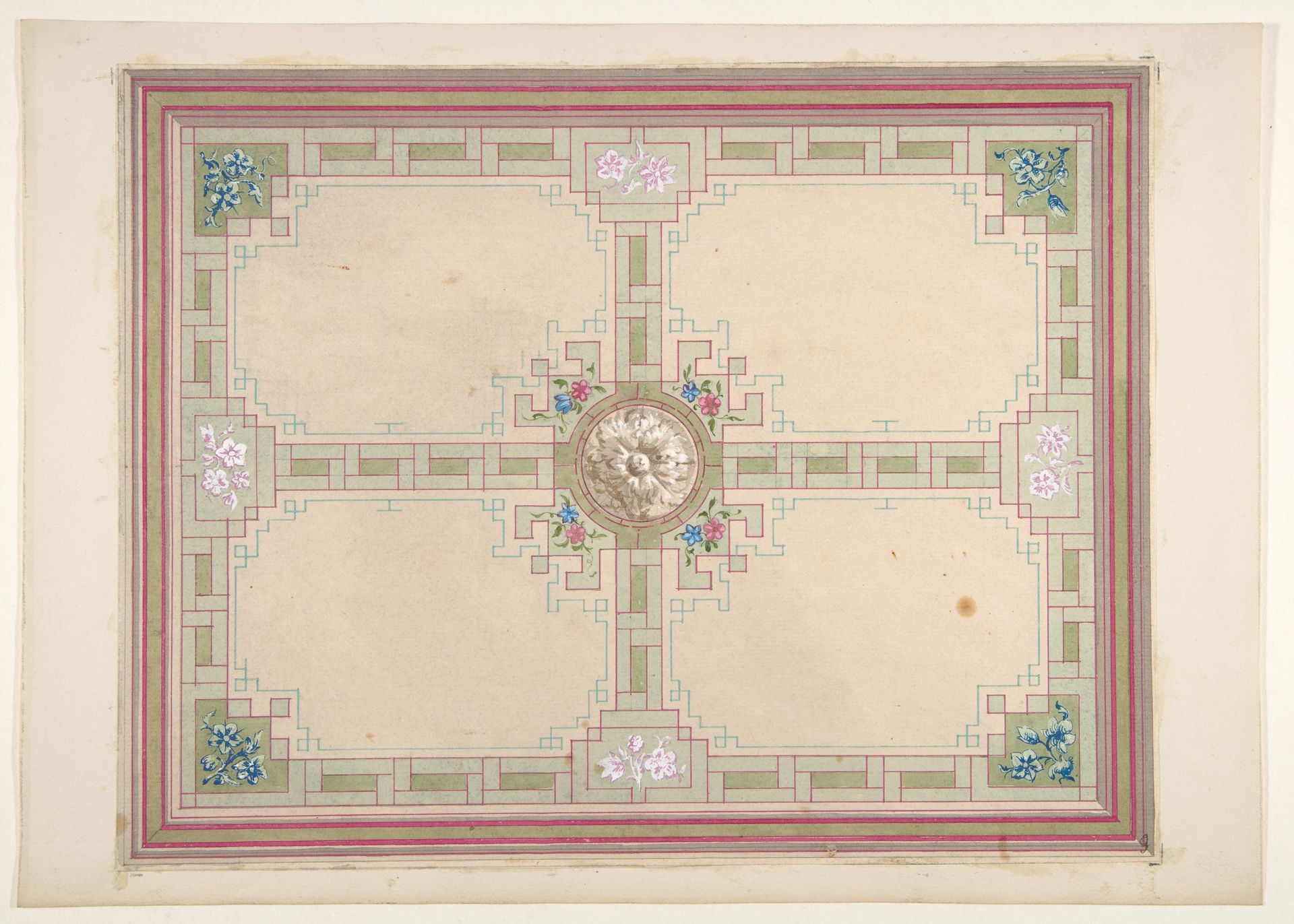 Design for a ceiling with floral accents and Greek key border by Jules-Edmond-Charles Lachaise