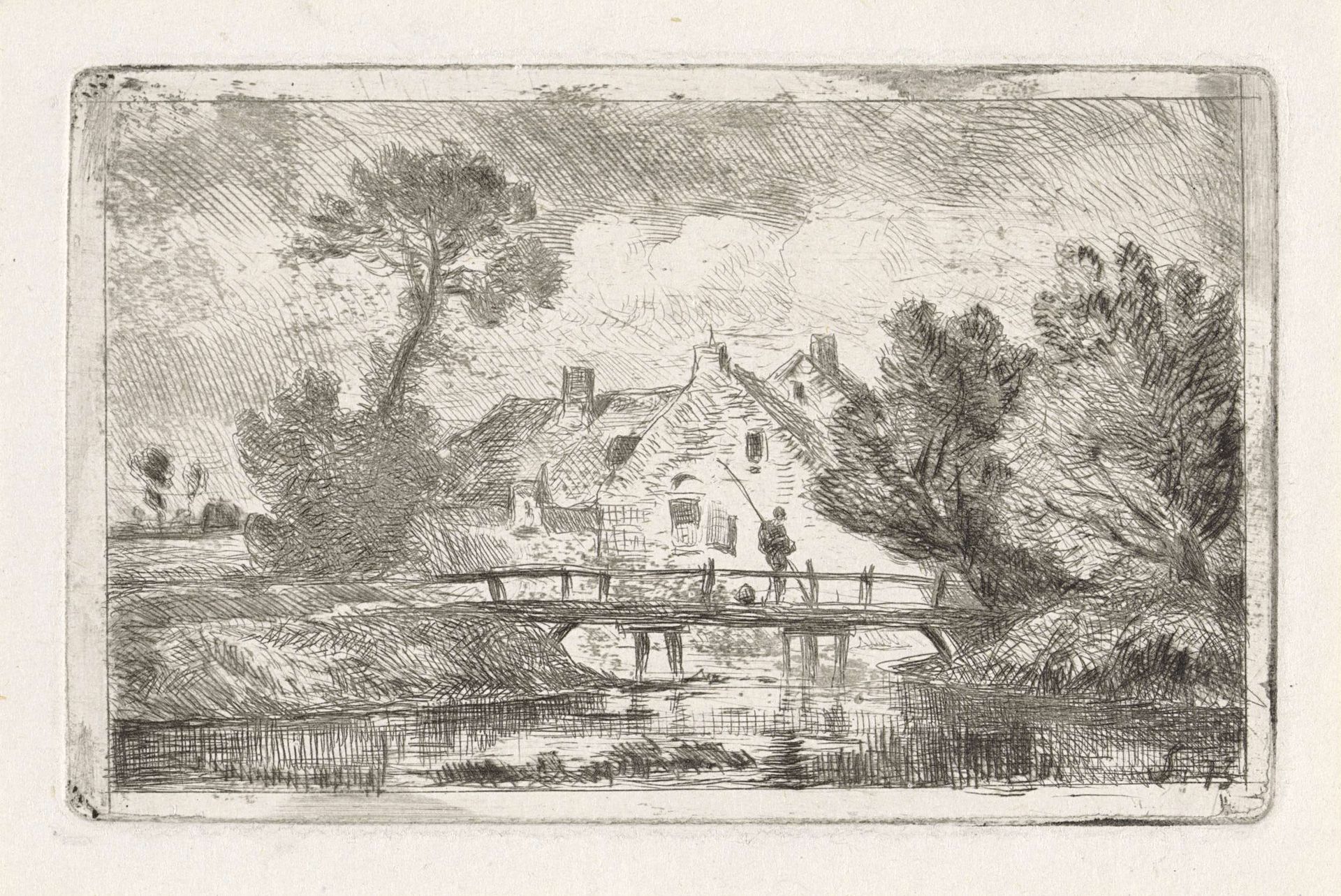Hengelaar op een bruggetje bij een boerderij by Jan Gerard Smits