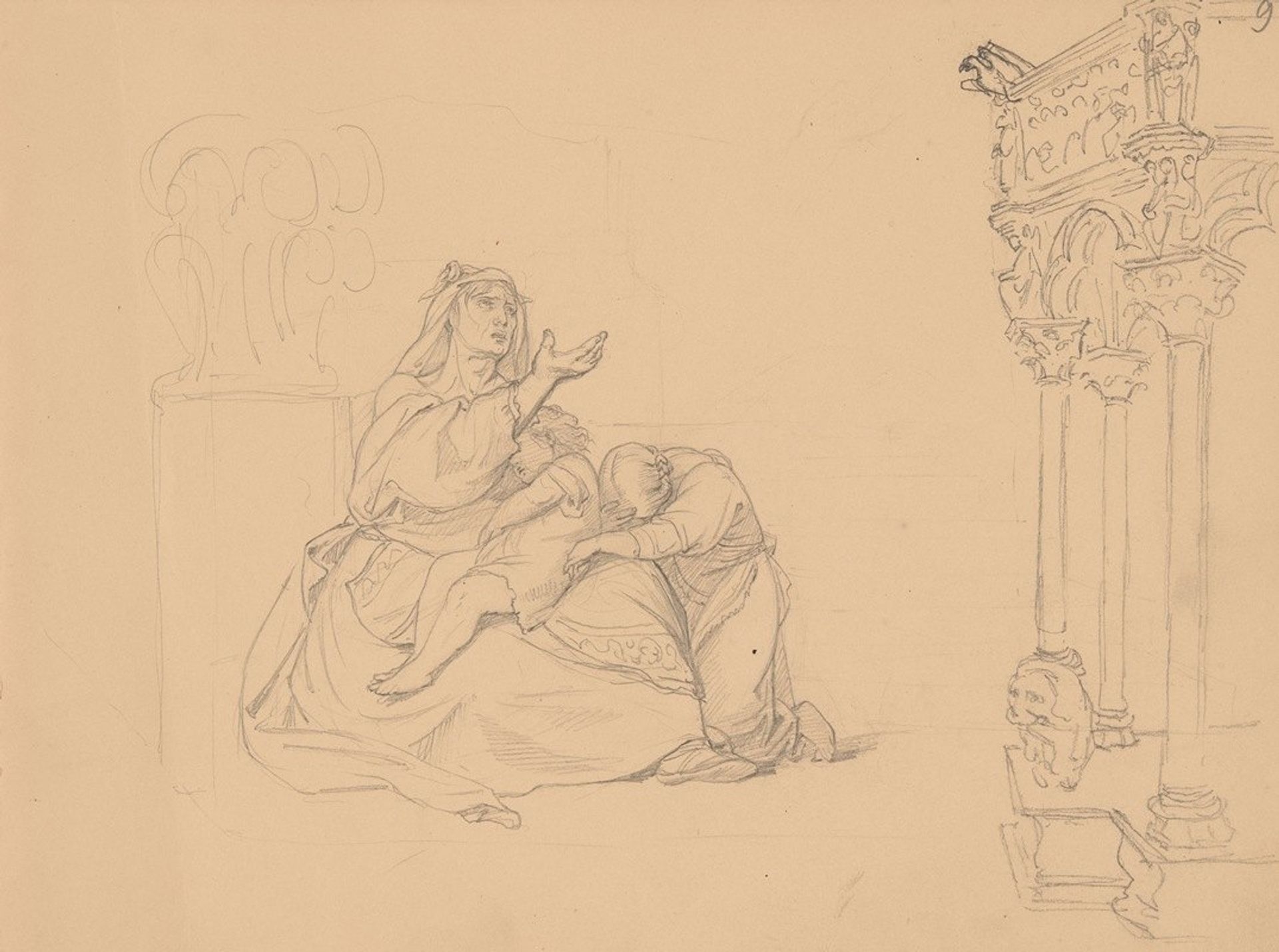 A woman with two children with a hand extended in a gesture of begging by Józef Simmler