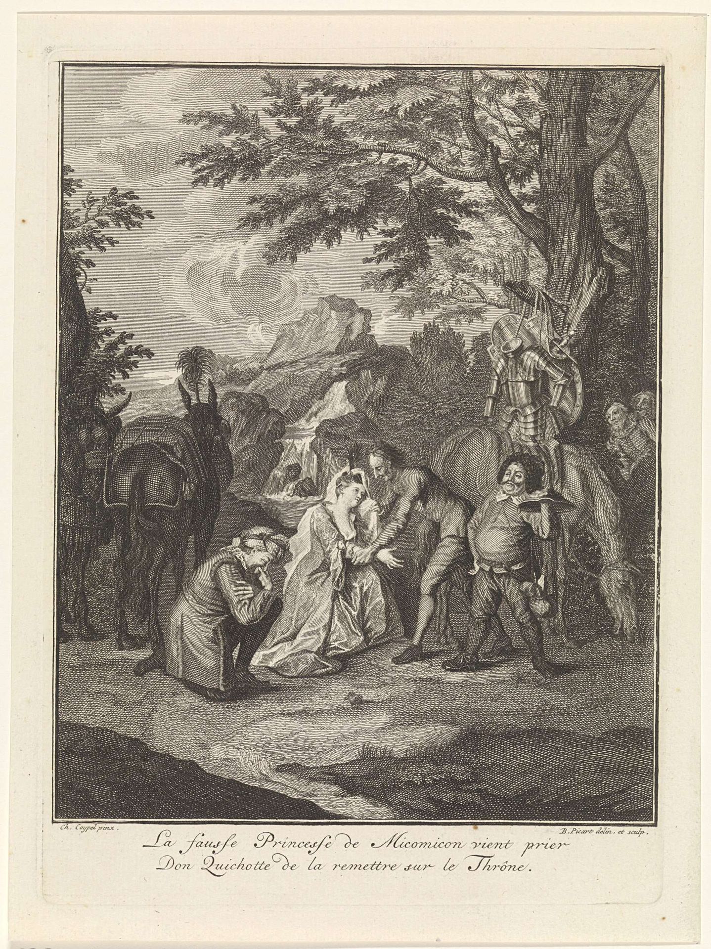 Prinses van Micomicon geknield voor Don Quichot by Bernard Picart