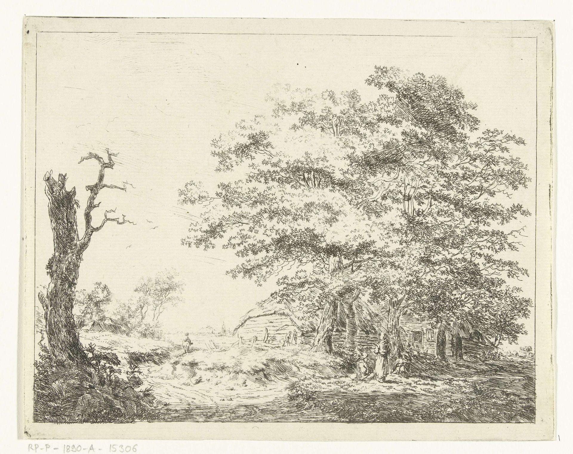 Landschap met boerderij en figuren onder bomen by Hermanus van Brussel