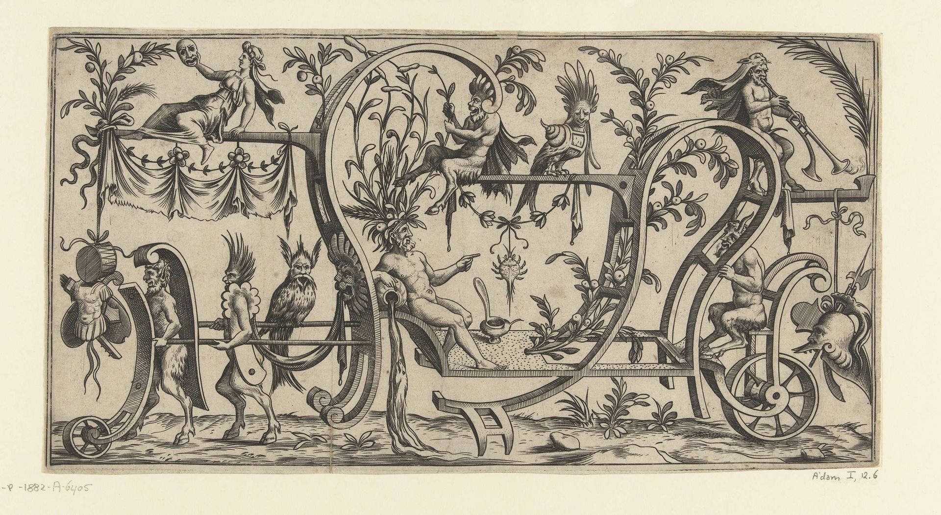 Triomfwagen met stroomgod, getrokken door twee saters by Anonymous