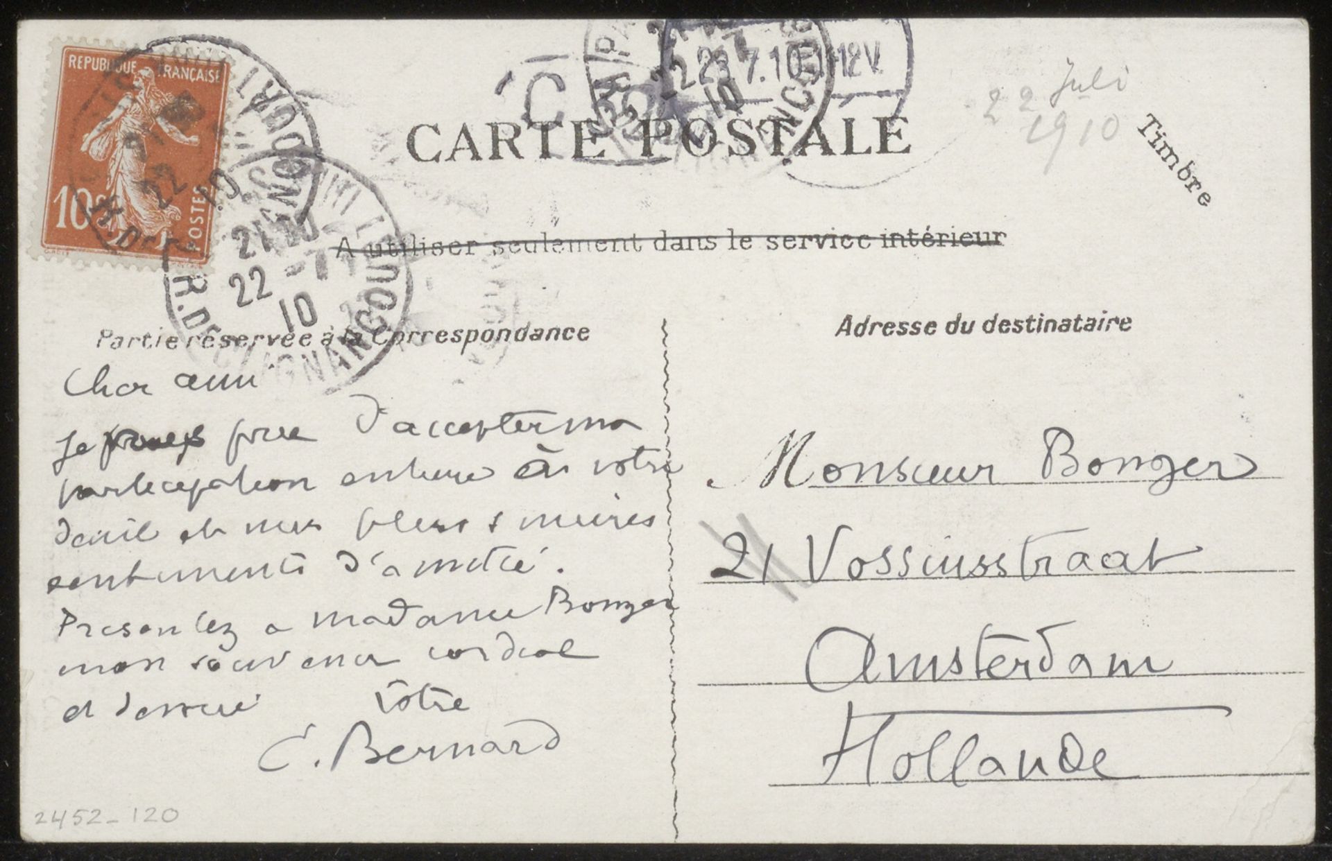 Prentbriefkaart aan Andries Bonger by Emile Bernard
