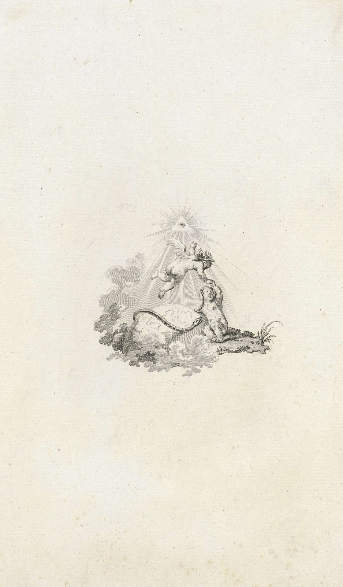 Vignet met twee putti, een slang, het alziend oog en de wereldbol by Reinier Vinkeles