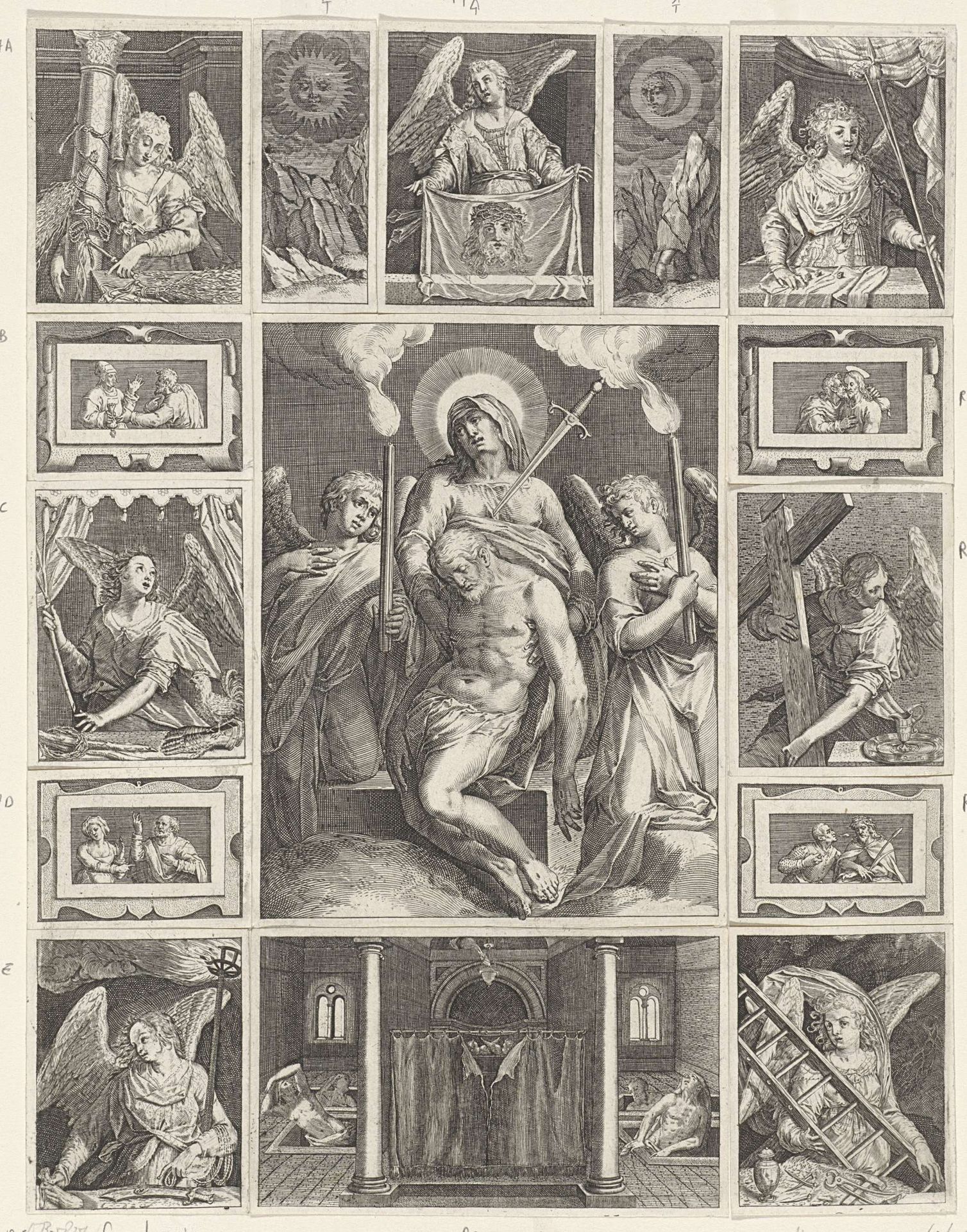 Pietà, omringd door de passiewerktuigen by Johann Sadeler I