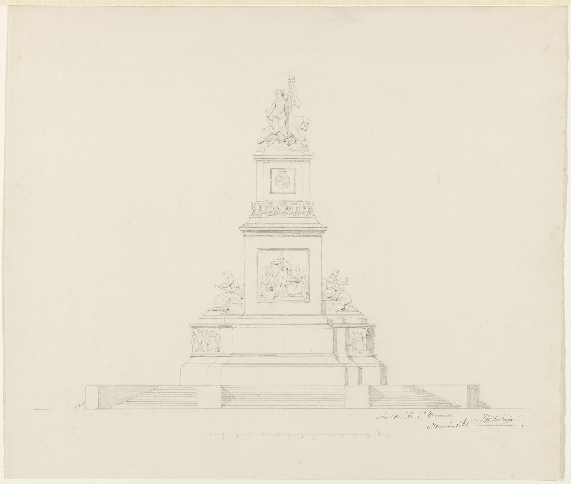 Schetsblad met ontwerp voor het monument voor Bernhard, hertog van Saksen-Weimar, op het Huygensplein te 's-Gravenhage by Johan Philip Koelman