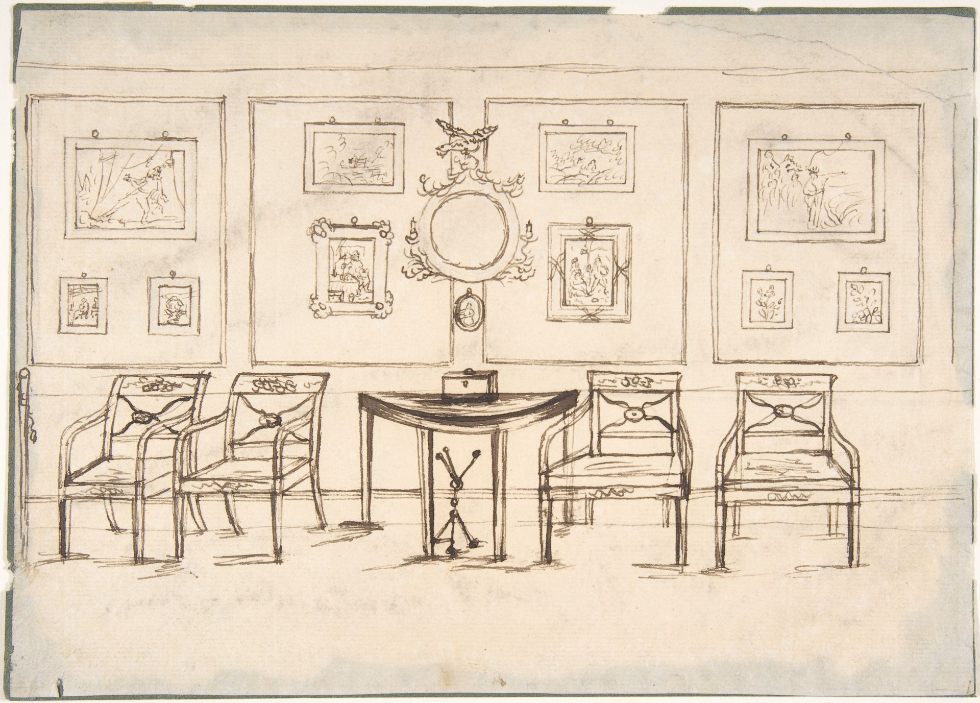 Interior with Four Armchairs, a Round Mirror, Demilune Table and Framed Prints or Drawings by Anonymous