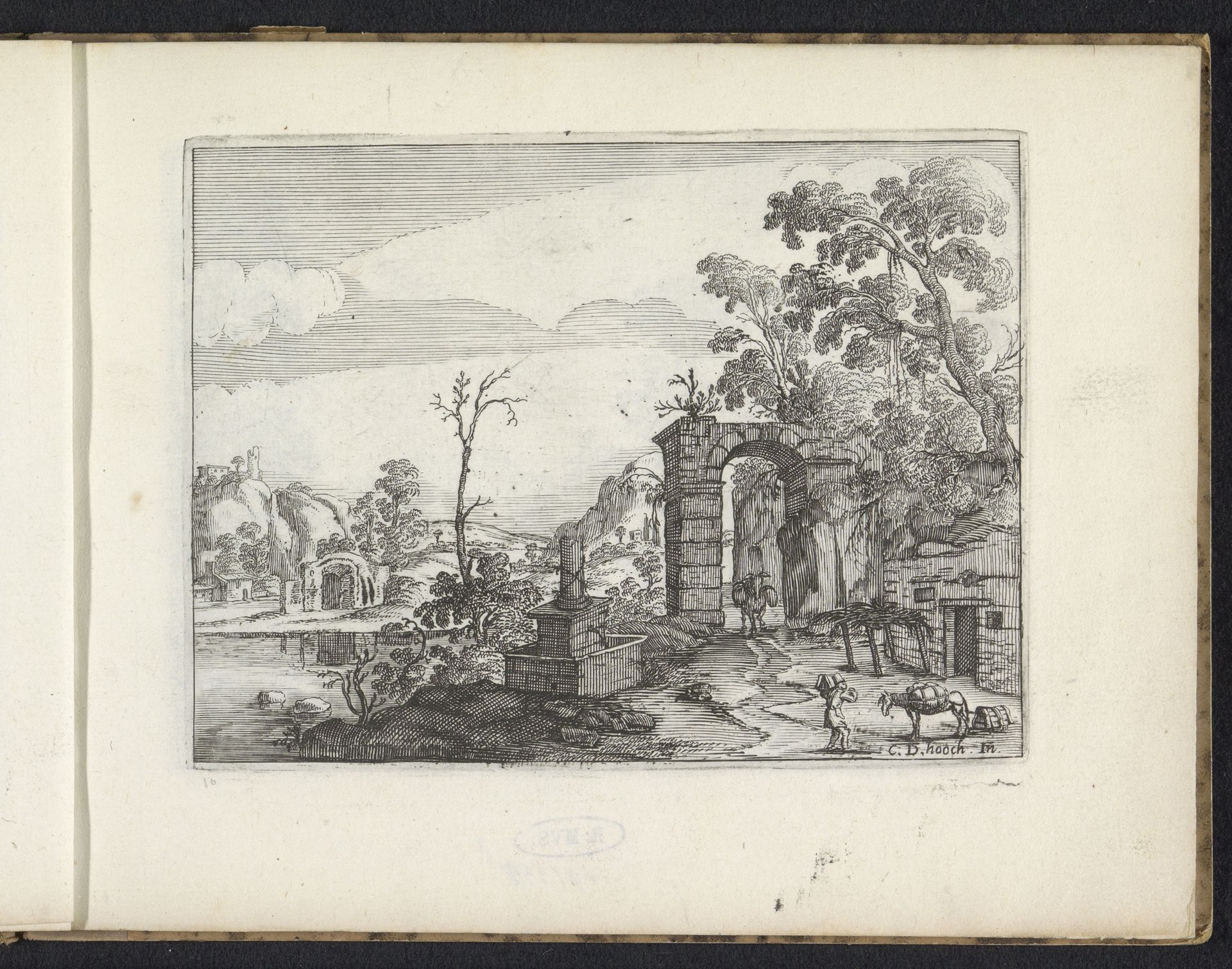 Landschap met de ruïne van een zuil en een poort by Chaerles de Hooch